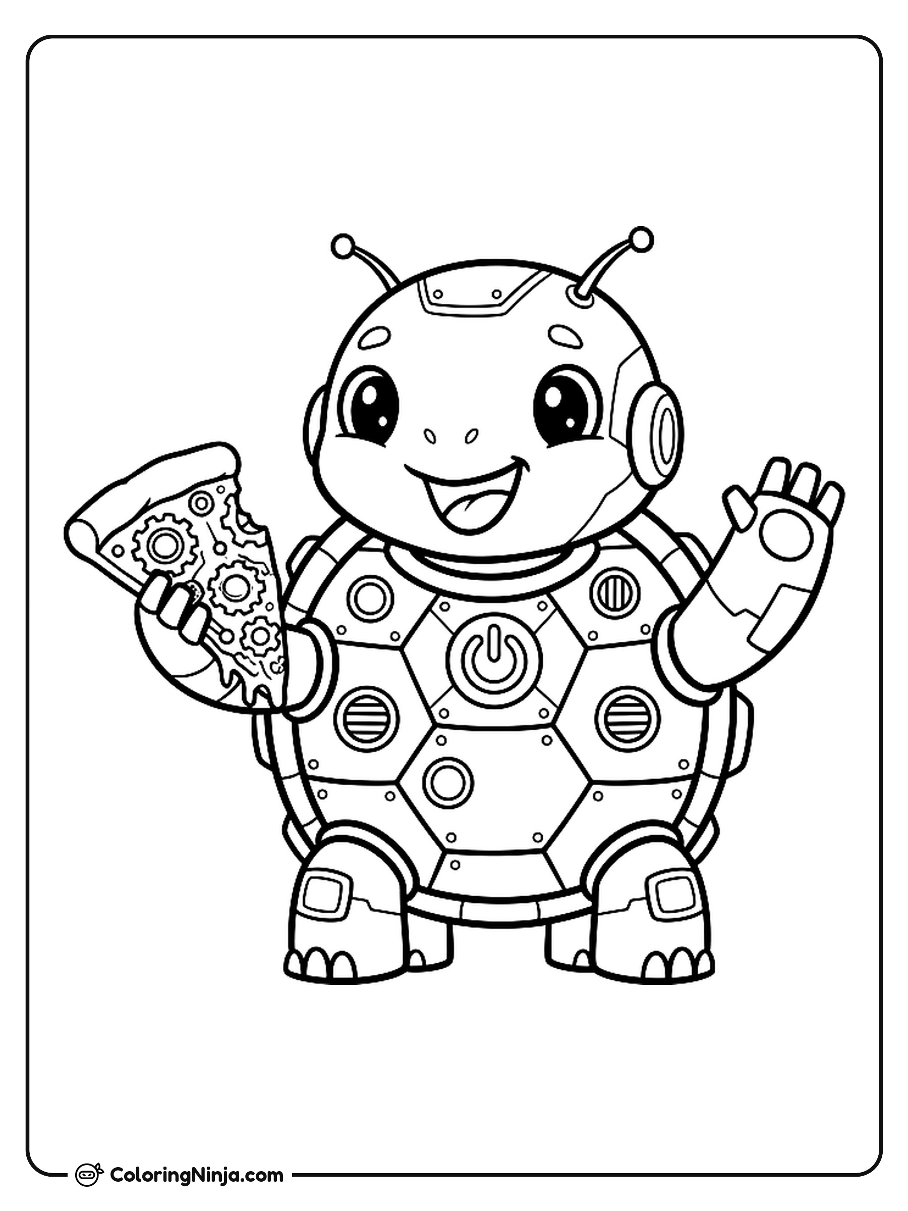 Kawaii Robot Turtle Eating Pizza Coloring Page