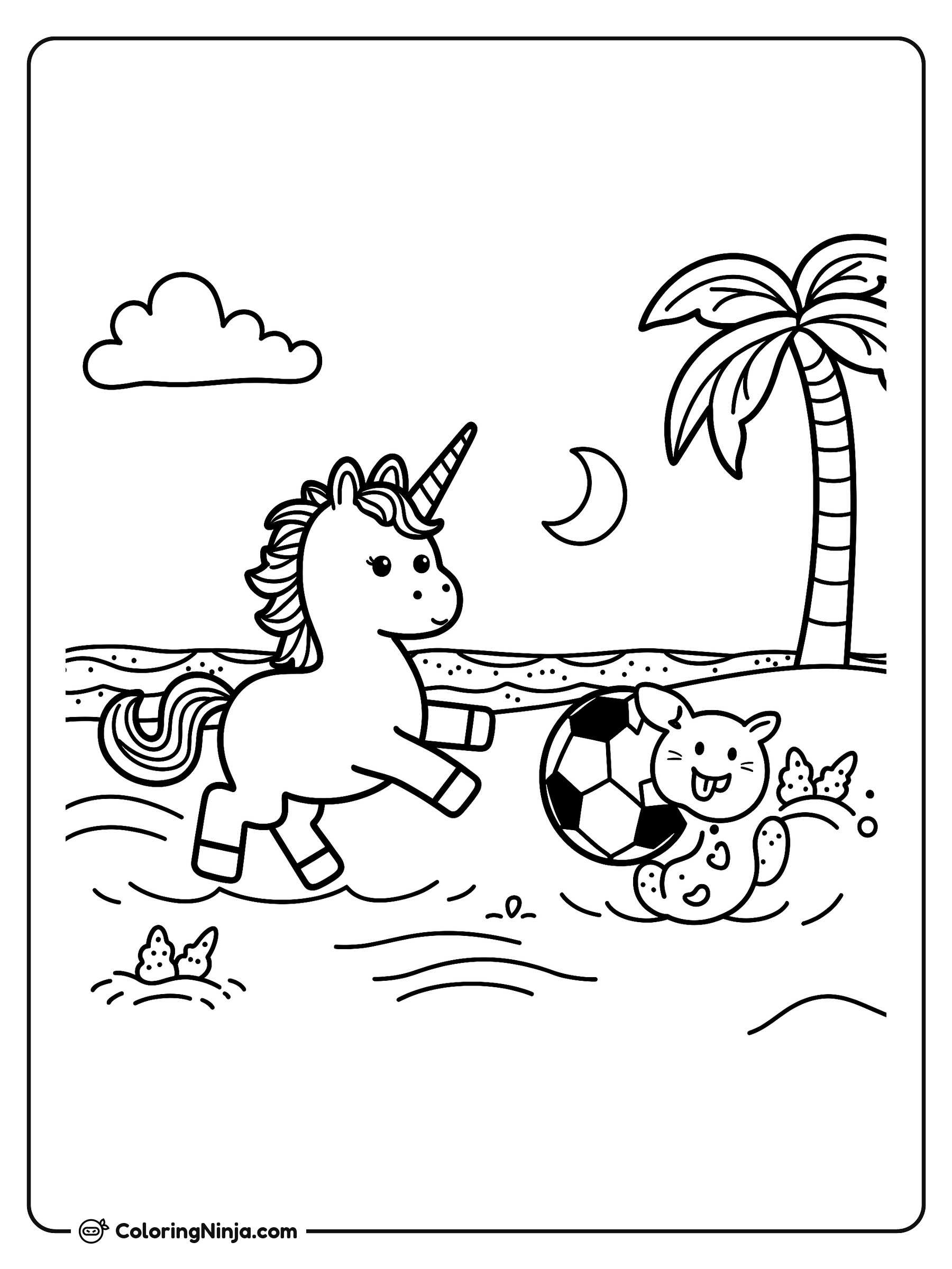 Unicornio y gato jugando fútbol: dibujo para colorear