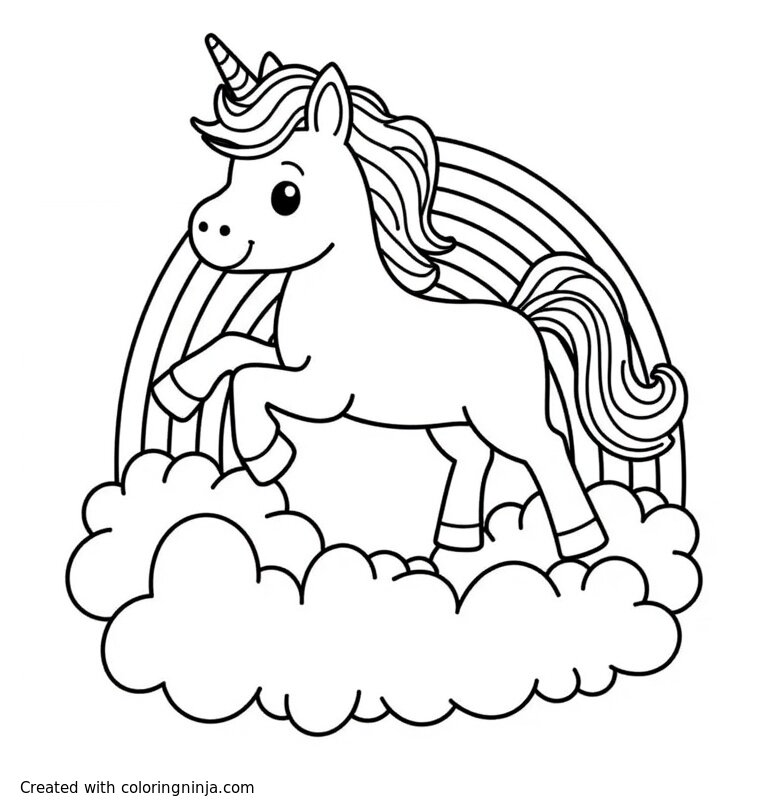 A coloring page of “Unicorn with a rainbow mane jumping over clouds, cartoon line art, outlined, no colors”