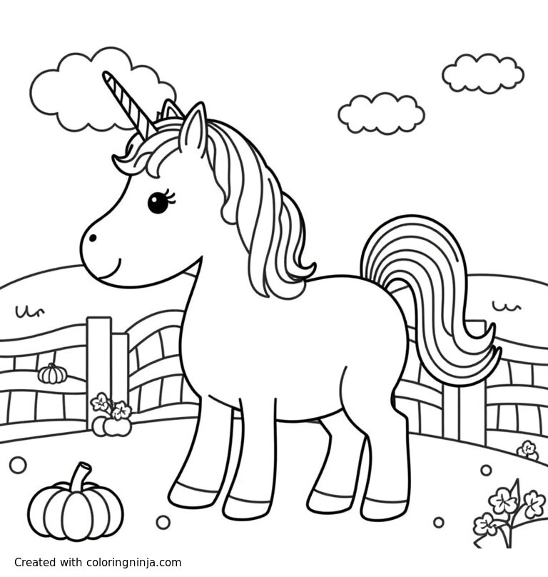 A coloring page of unicorn on a unicorn farm