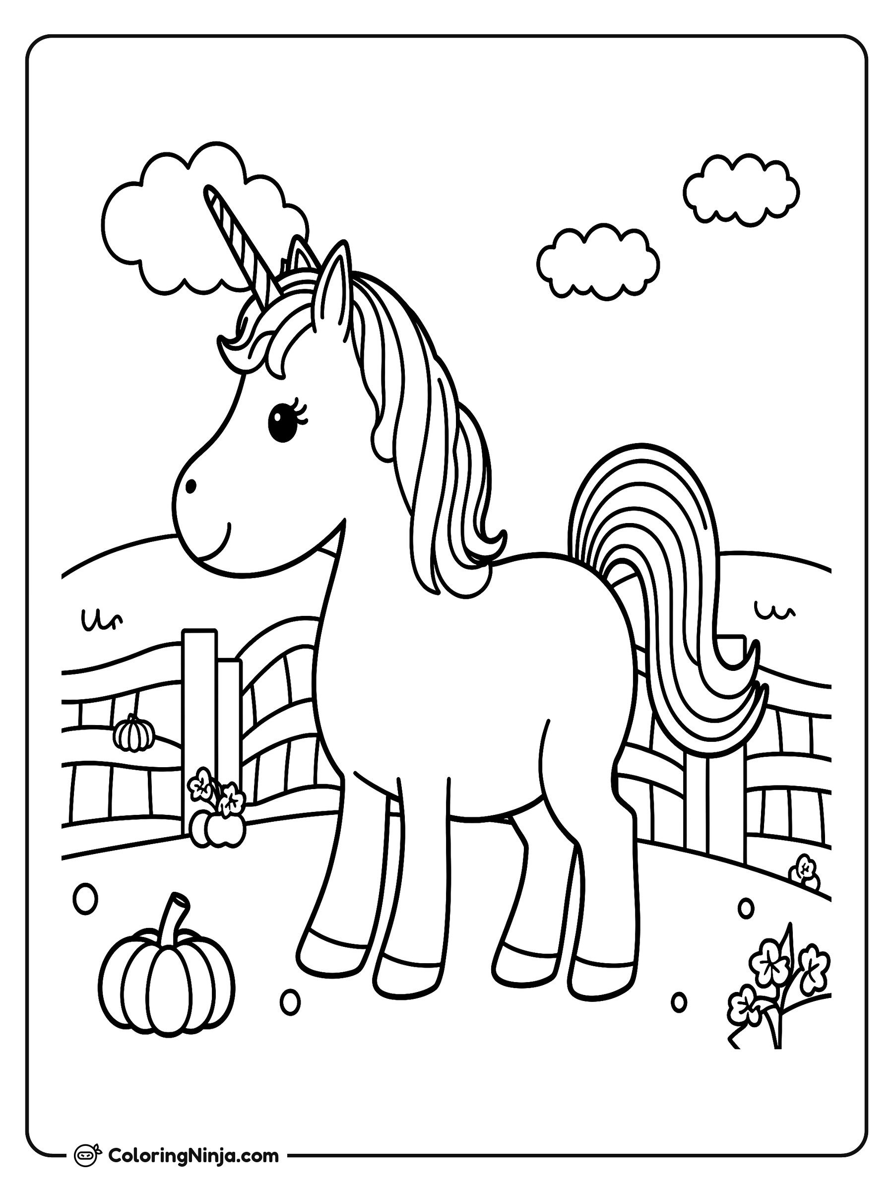 Unicornio en una granja mágica: dibujo para colorear