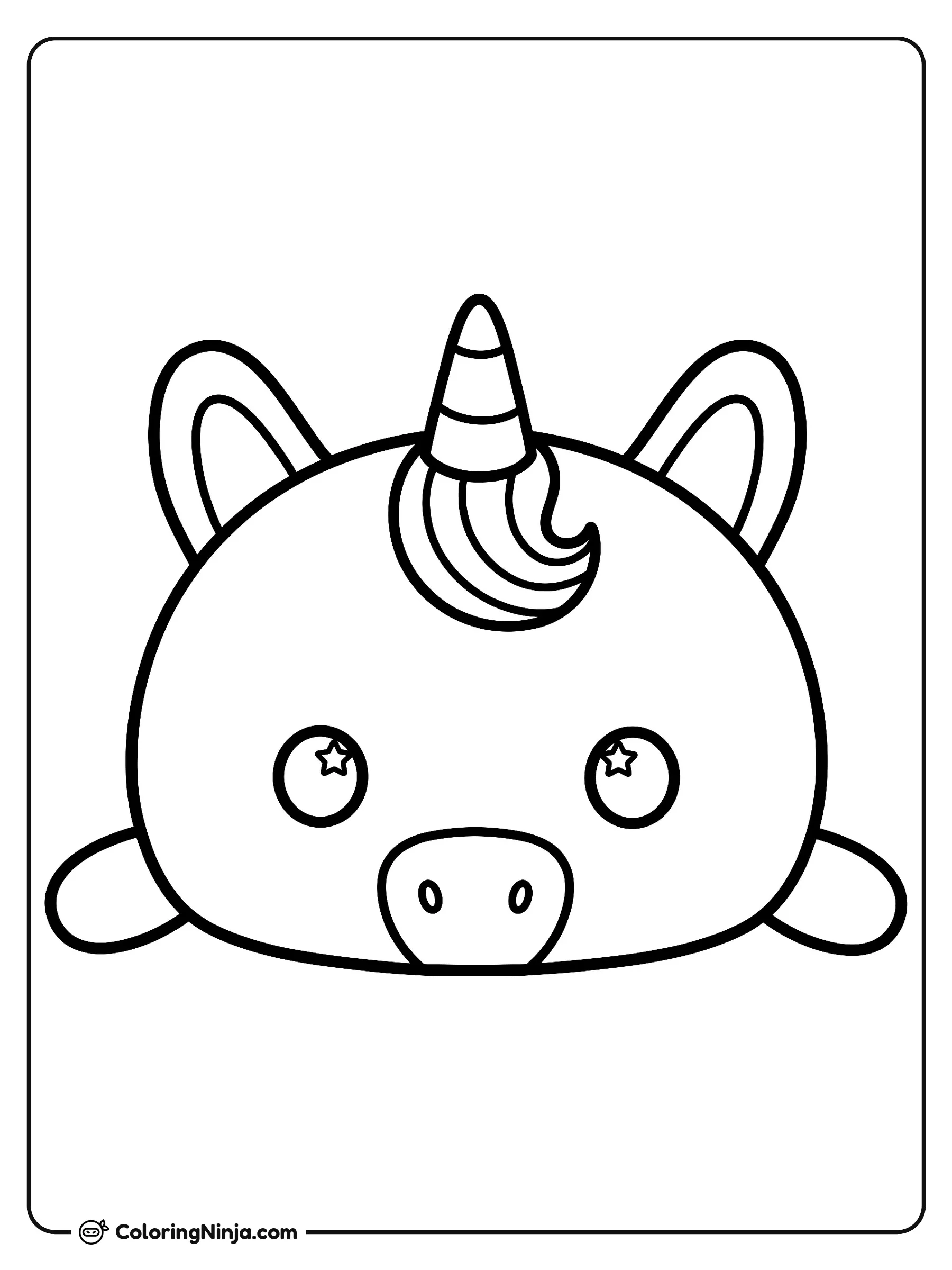 Unicornio tierno y redondo, dibujo para colorear: Un tierno unicornio de forma redonda asoma la cabeza con brillos en forma de estrella en sus grandes ojos.