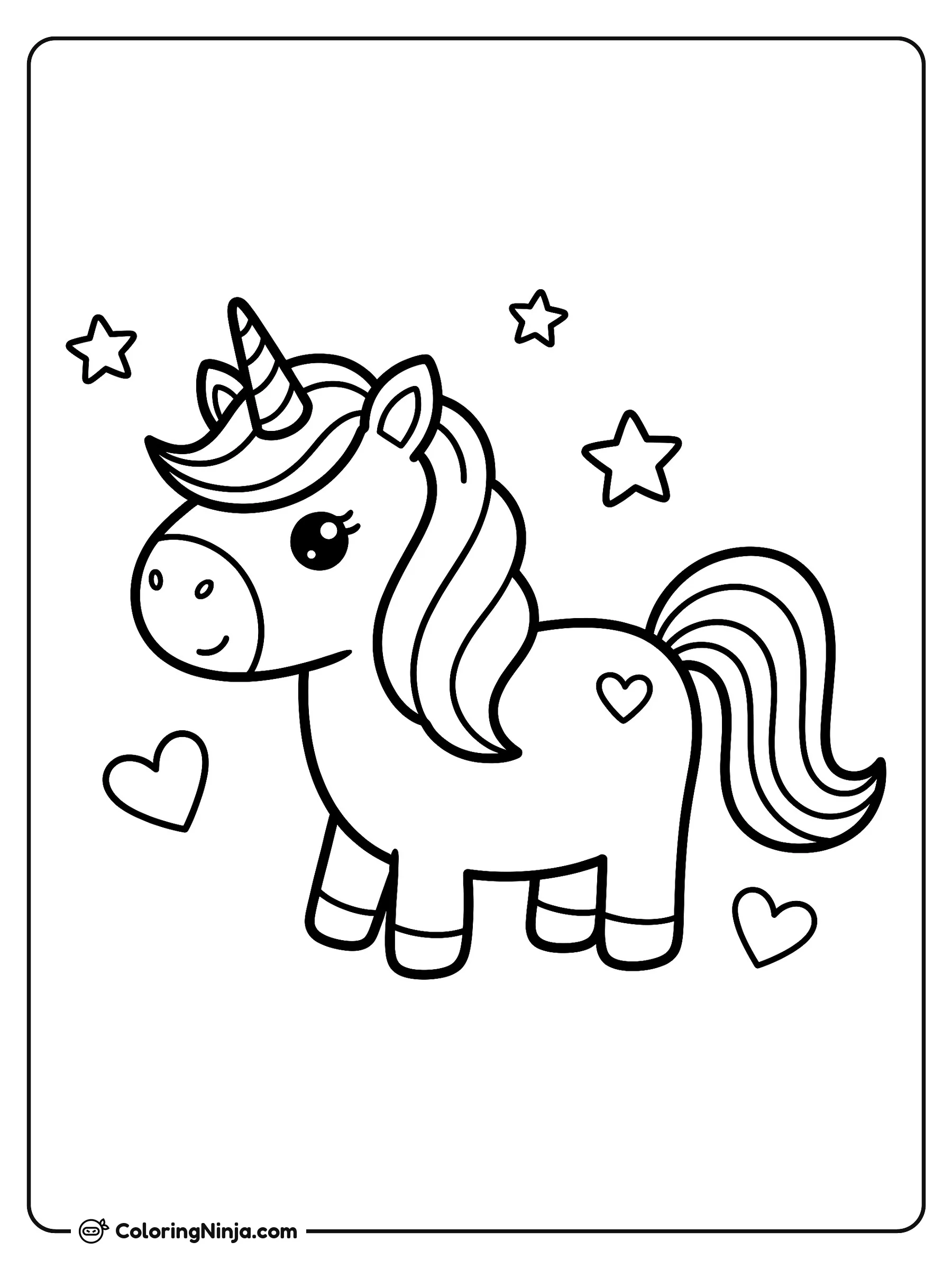 Unicornio con estrellas y corazones, dibujo para colorear: Un tierno unicornio posa alegremente rodeado de estrellas de cinco puntas y pequeños corazones, incluyendo uno en su lomo.