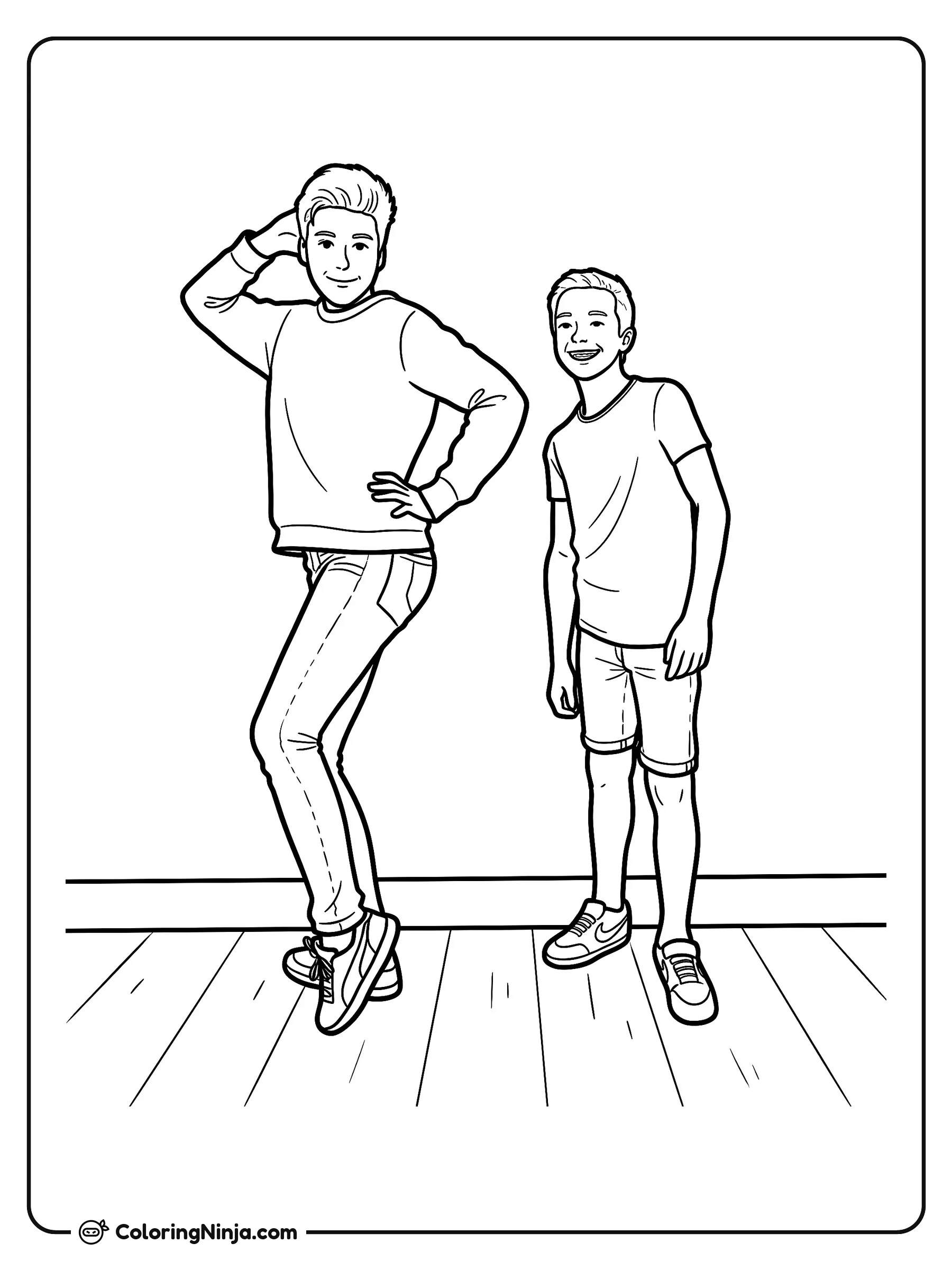 Dos niños posando en una habitación, dibujo para colorear: Dos niños están de pie sobre el suelo de madera de una habitación, posando alegres para una foto.