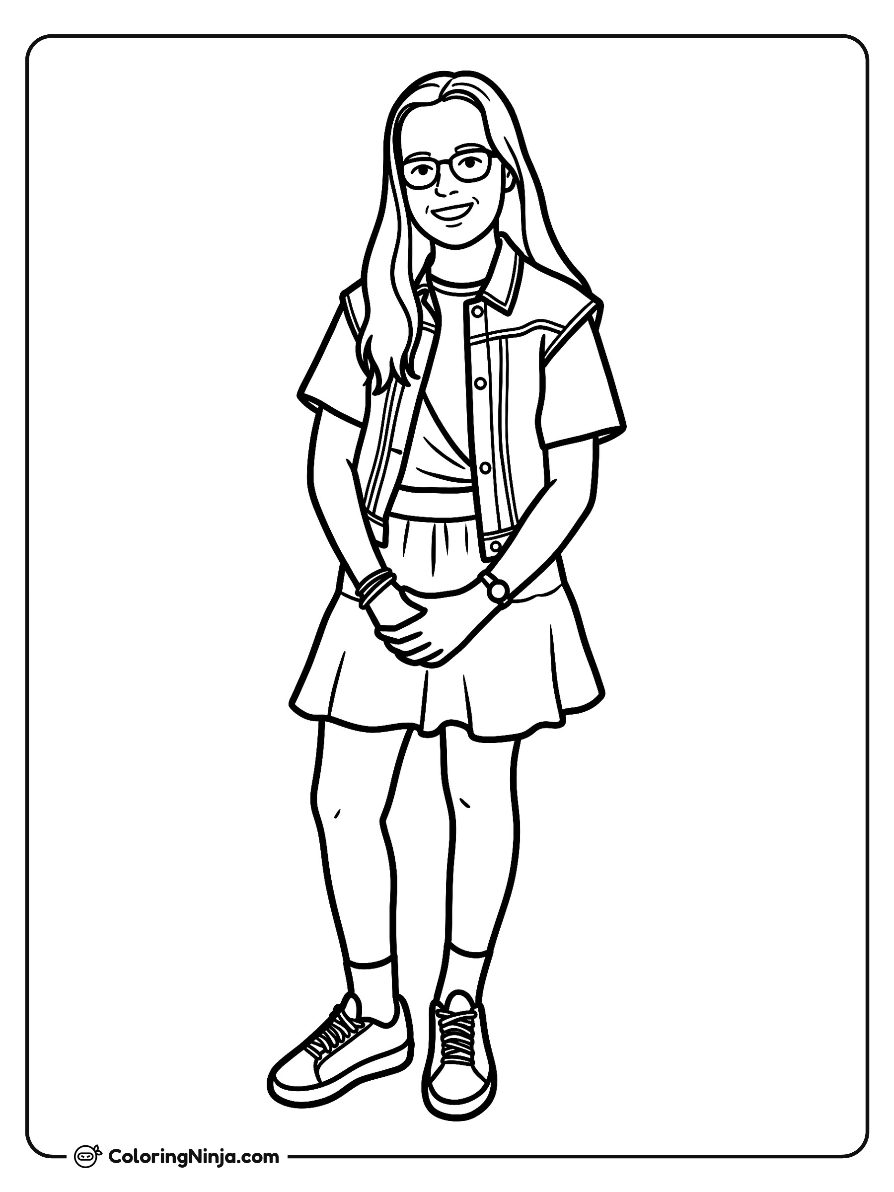 Niña con vestido y chaleco: dibujo para colorear