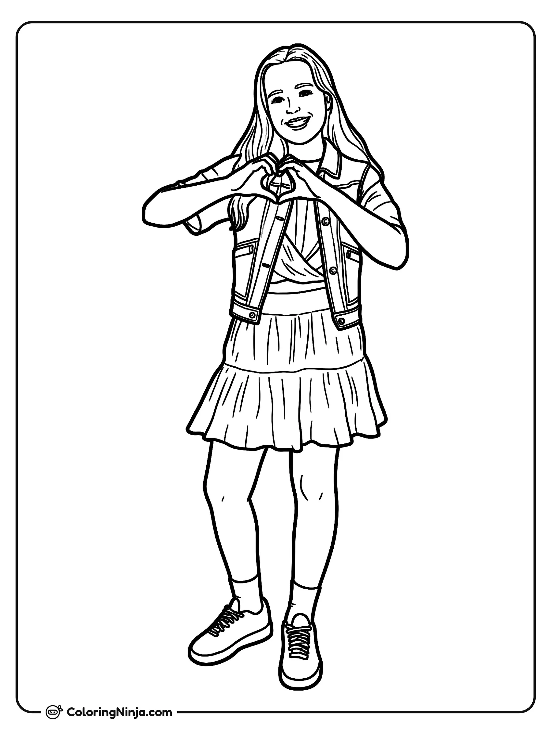 Niña haciendo un corazón con las manos, dibujo para colorear: Una joven sonriente posa mientras forma un corazón con sus manos frente a su pecho. Lleva el cabello largo, un chaleco sin mangas sobre una blusa cruzada, una falda con mallas y tenis.