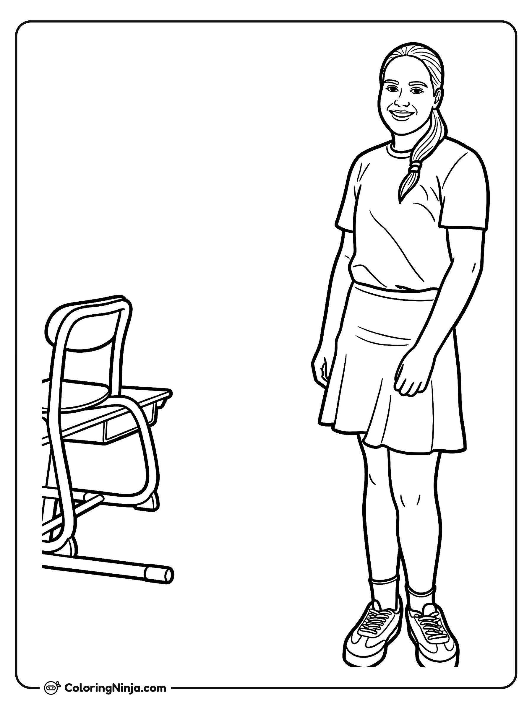 Niña parada junto al escritorio: dibujo para colorear