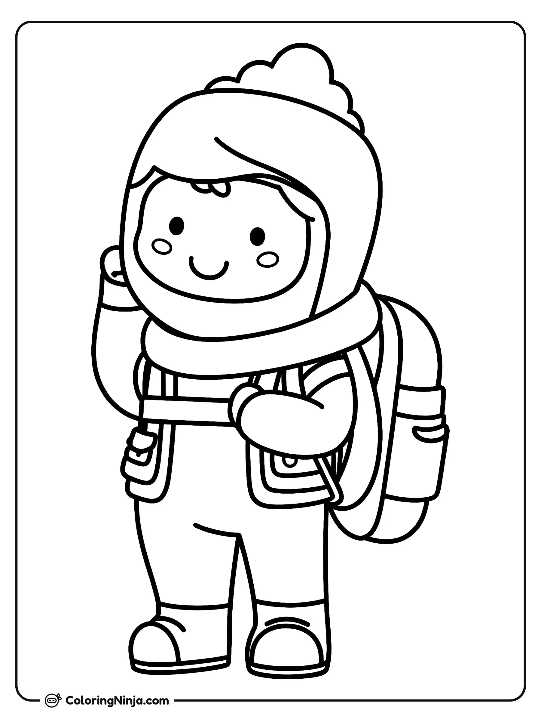 Personaje de Among Us con mochila, dibujo para colorear: Un tierno personaje de Among Us está listo para una aventura luciendo un gorro de invierno, bufanda y una gran mochila.