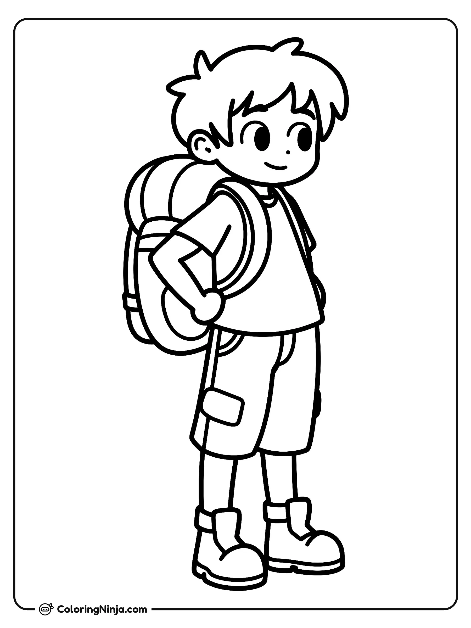 Personaje de Among Us como Niño con Mochila, dibujo para colorear: Un personaje estilo Among Us representado como un alegre niño viste camiseta, pantalones cortos, botas y lleva una gran mochila. Posa sonriente con una mano en la cadera.