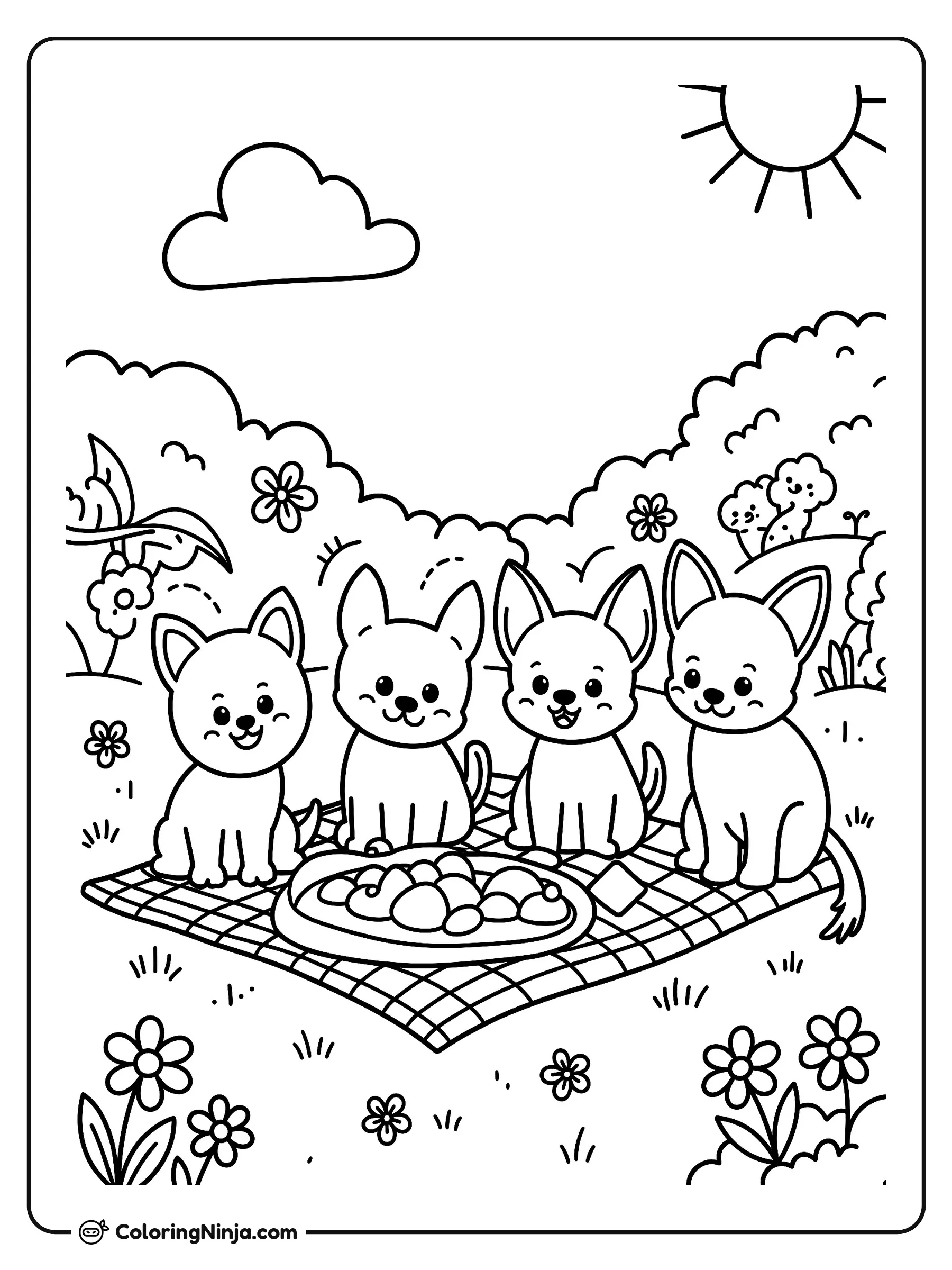 Chihuahuas en un picnic adorable, dibujo para colorear: Cuatro tiernos perritos chihuahua están sentados sobre una manta de picnic compartiendo una bandeja llena de bocadillos.