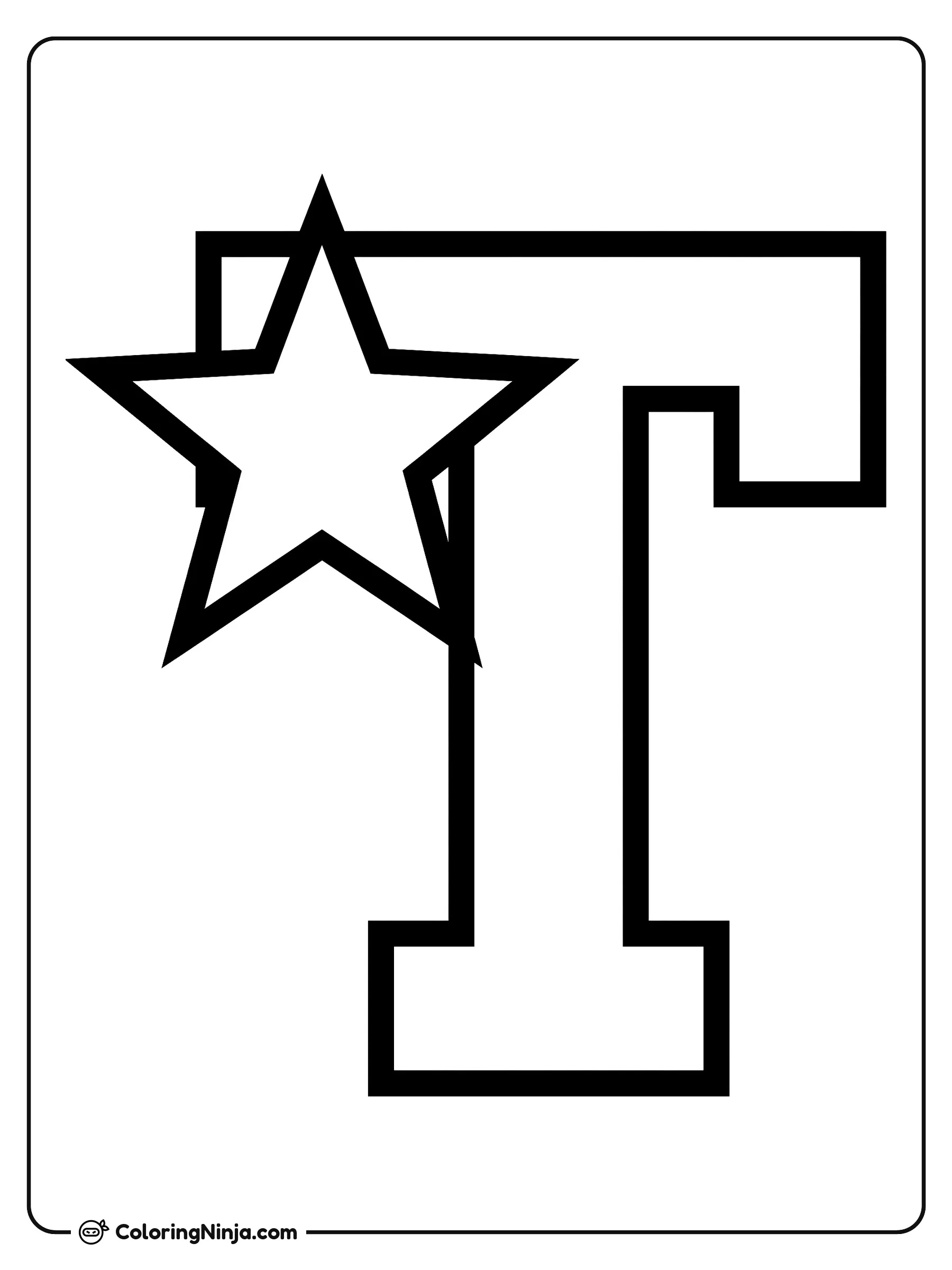 Letra T universitaria con estrella, dibujo para colorear: Una gruesa letra T de estilo universitario luce una gran estrella de cinco puntas en su esquina superior. Su diseño deportivo evoca el estilo de los emblemas escolares clásicos.