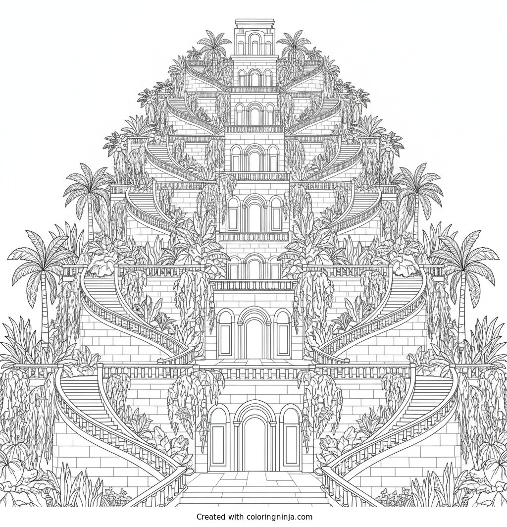 Coloring page of Vector line drawing coloring page, a grand Babylon-inspired royal palace entirely built as layered hanging gardens, symmetrical terraces, staircases, arches, and cascading vegetation, clean bold outlines, white background only.
