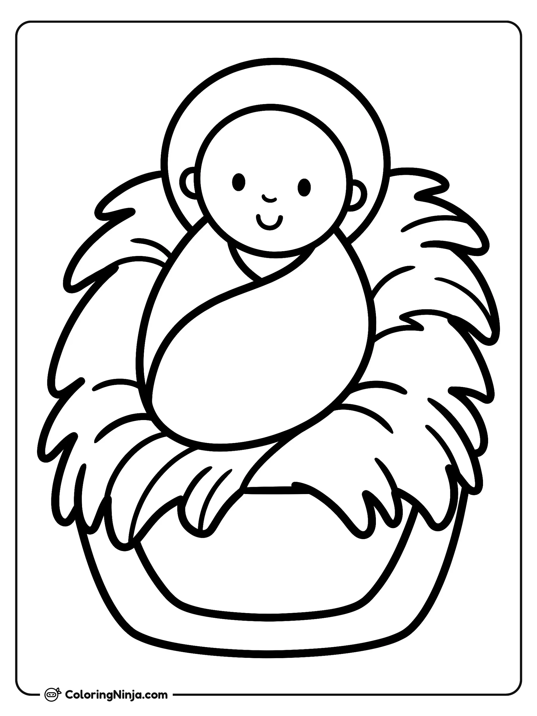 Easy Baby Jesus for Toddlers Coloring Page: This extra-simple coloring page features a cute, smiling baby Jesus wrapped in a blanket resting inside a basic manger.