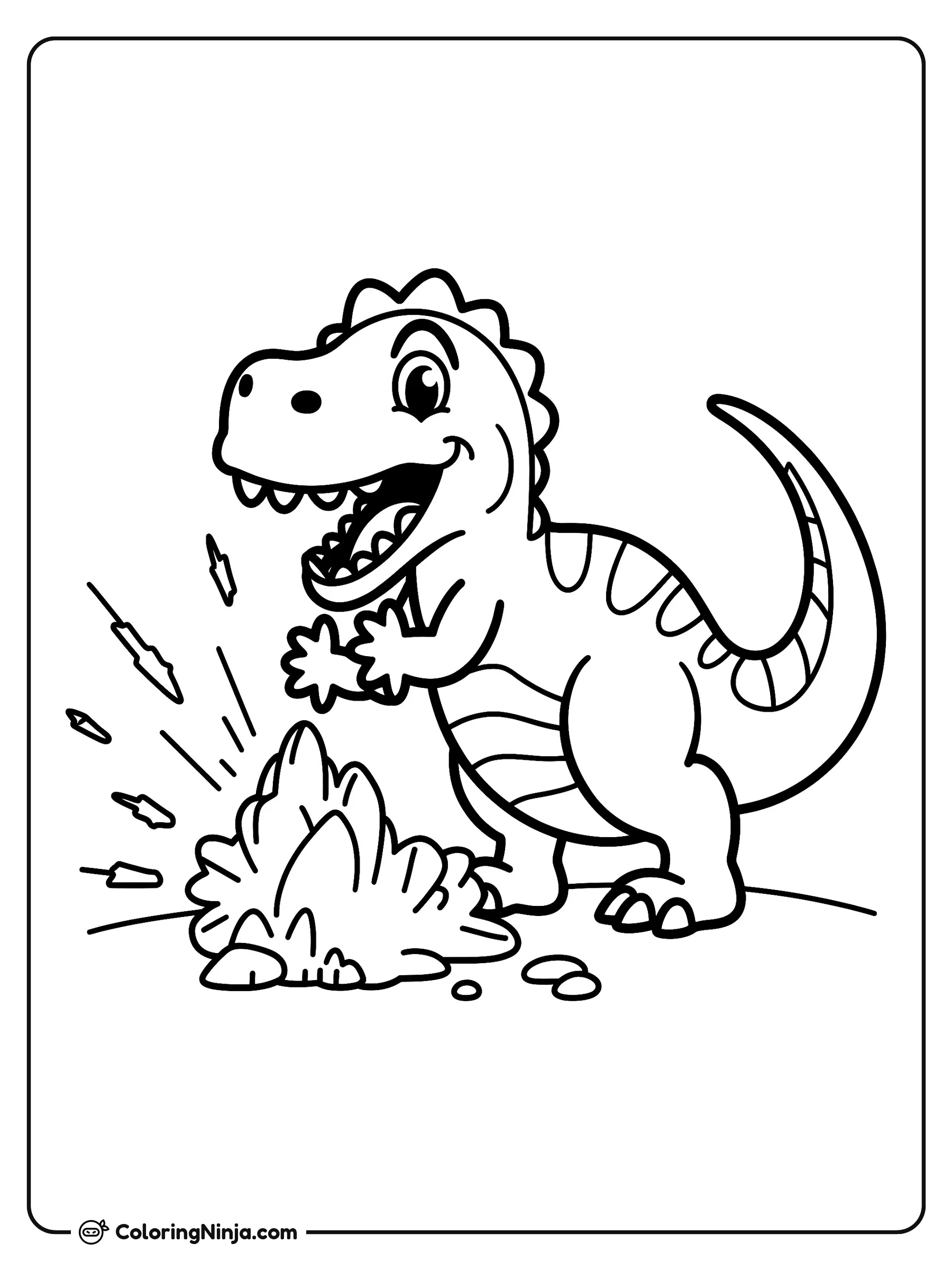 Dinosaurio alegre rompiendo rocas, dibujo para colorear: Un amigable dinosaurio sonríe emocionado junto a un montón de piedras que acaban de romperse. El dibujo incluye fragmentos de roca volando por el aire tras el impacto.
