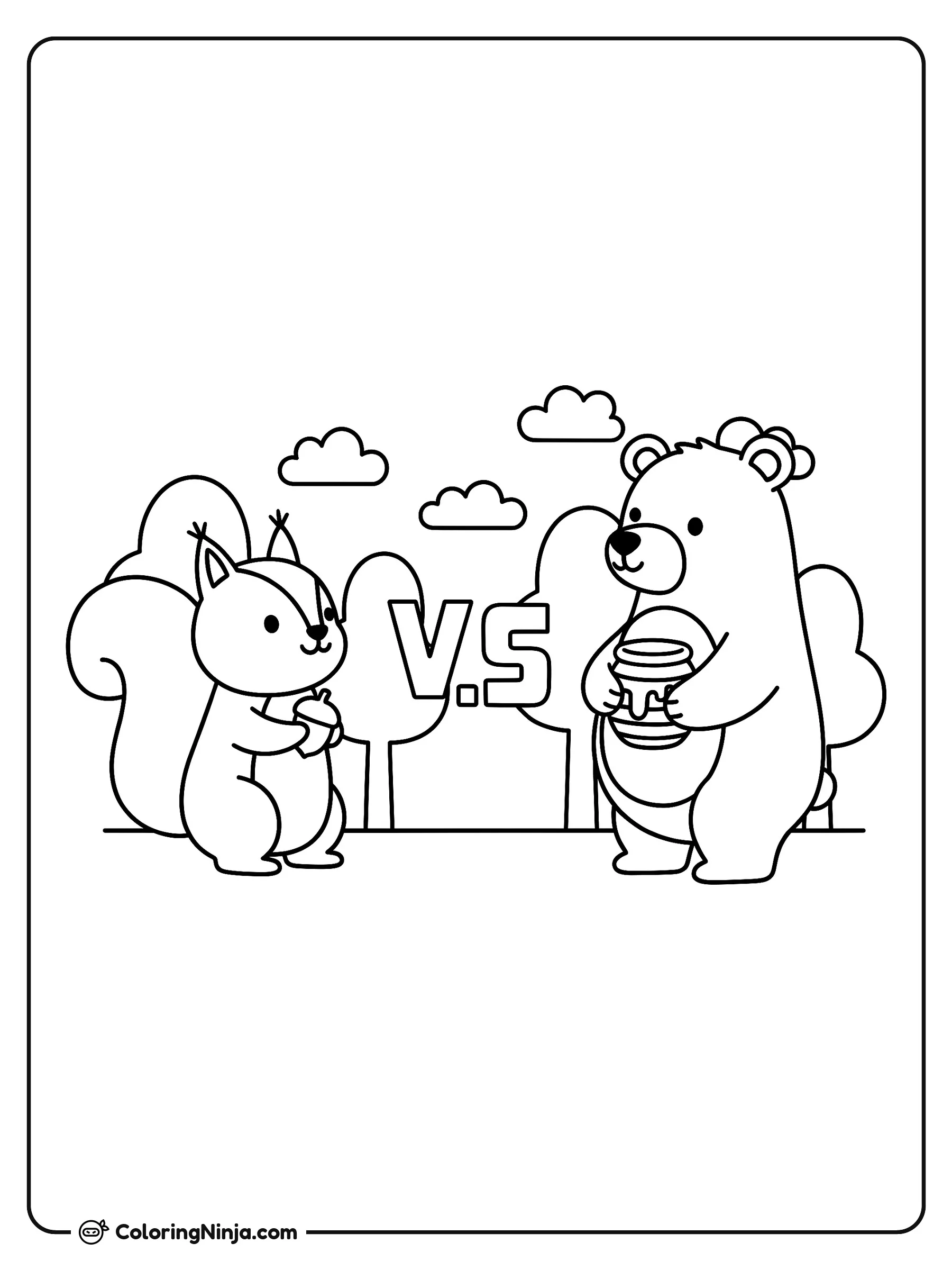 Ardilla y oso en el bosque, dibujo para colorear: Una tierna ardilla con una bellota se enfrenta a un simpático oso que sostiene un tarro de miel en medio del bosque.
