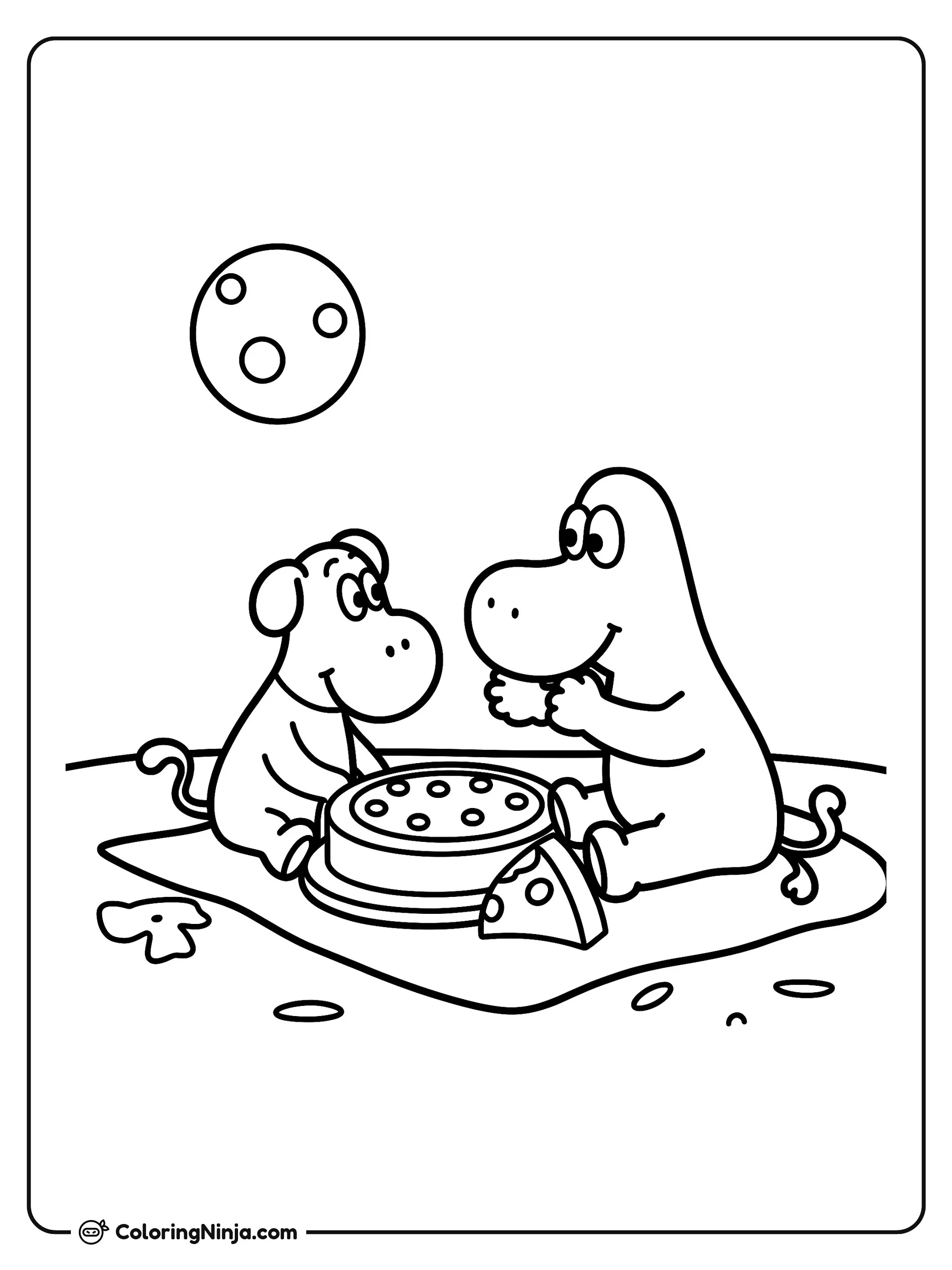 Pícnic nocturno de Wallace y Gromit, dibujo para colorear: Wallace y Gromit están sentados juntos sobre una manta disfrutando de un pícnic bajo la luna llena. Entre ellos hay un gran pastel y un trozo de queso para compartir en la noche.