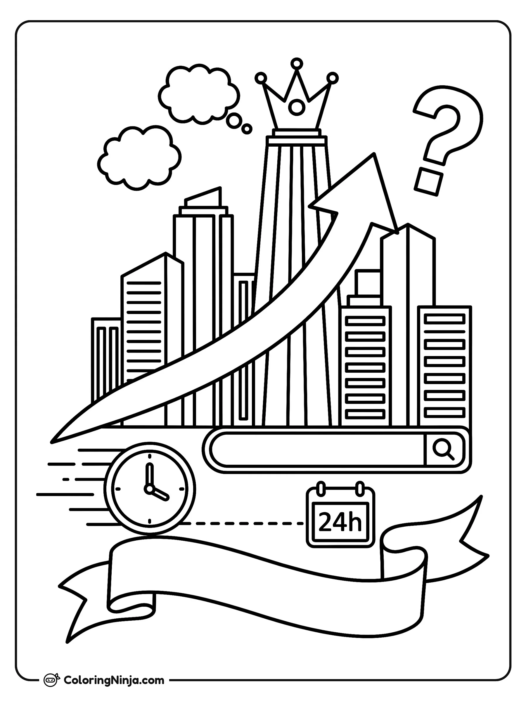 Impulso Mágico de Buscador, dibujo para colorear: Una gran flecha ascendente cruza la ciudad hacia un rascacielos coronado en la cima.