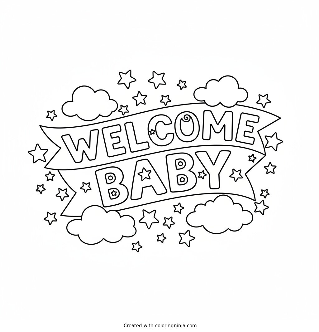 Welcome Baby Stars and Clouds Coloring Page