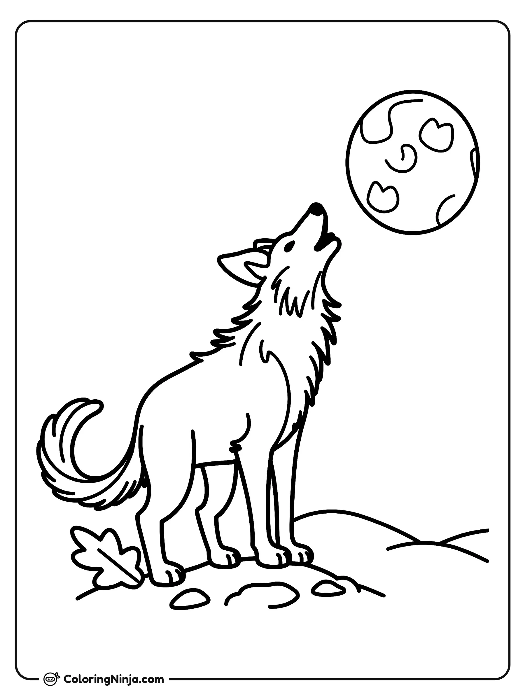 Lobo aullando a la luna llena, dibujo para colorear: Un lobo está de pie sobre una colina con la cabeza inclinada hacia atrás, aullando a una gran luna llena. Cerca de sus patas hay pequeñas rocas y una hoja caída sobre el suelo.