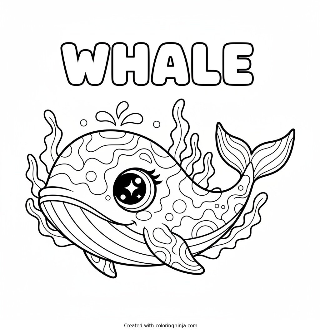 Sparkly Eyed Whale with Seaweed Coloring Page