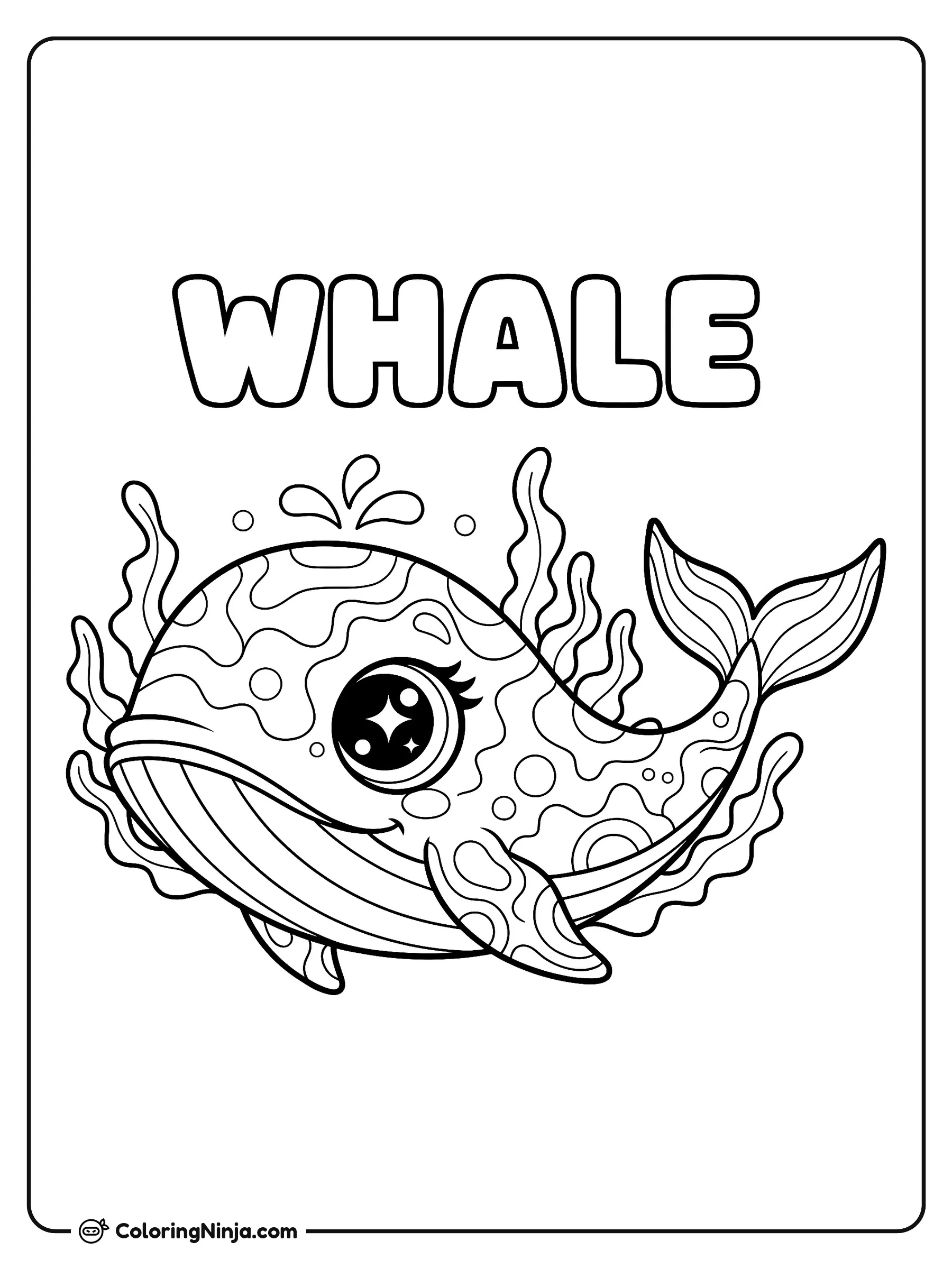Sparkly Eyed Whale with Seaweed Coloring Page: A cheerfully smiling whale with large, sparkly eyes swims through the ocean water, decorated with intricate pattern shapes across its back and body.