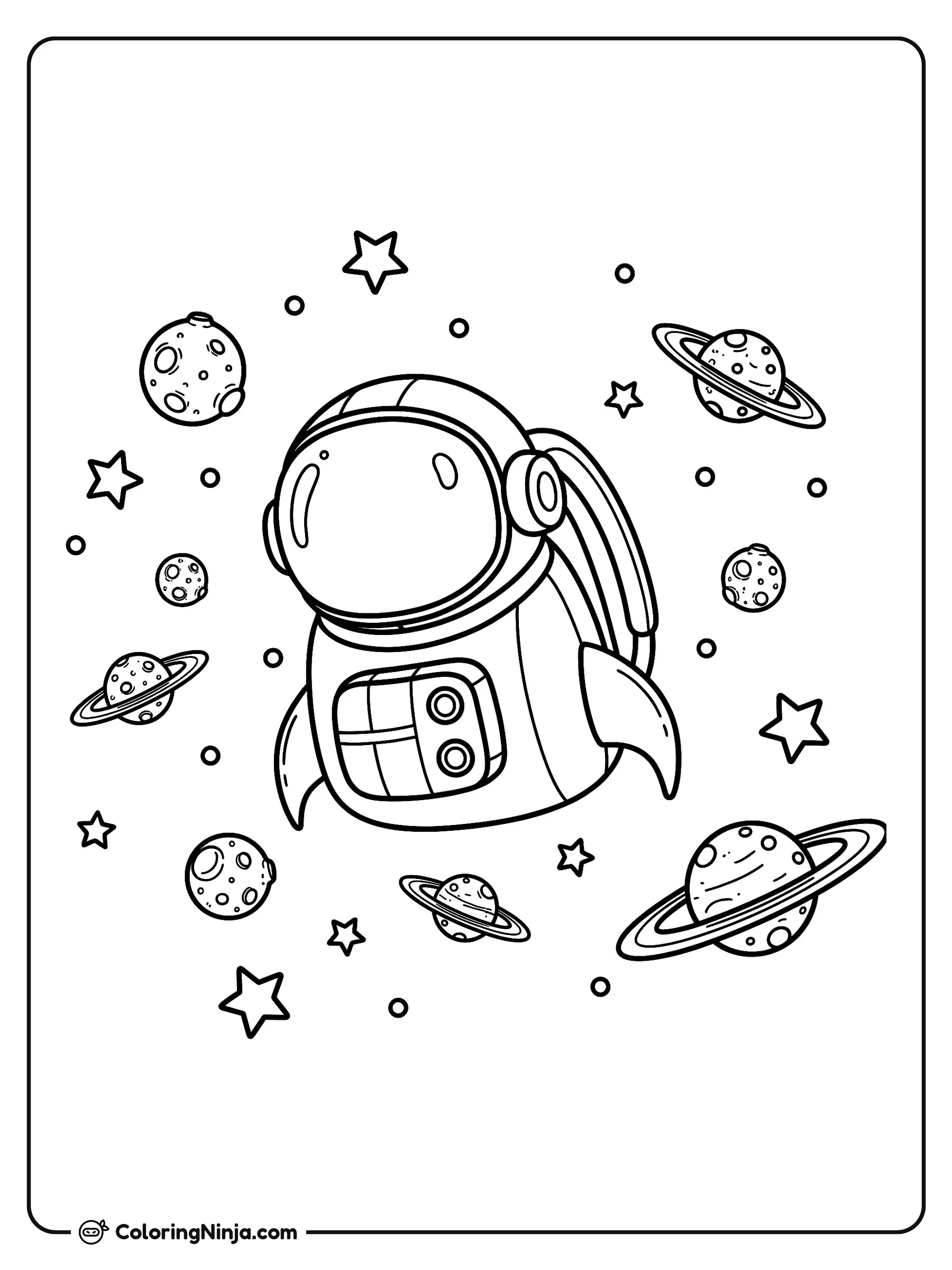Viaje por el Espacio Exterior, dibujo para colorear: Un simpático astronauta flota en el espacio rodeado de planetas con anillos, lunas con cráteres y brillantes estrellas.