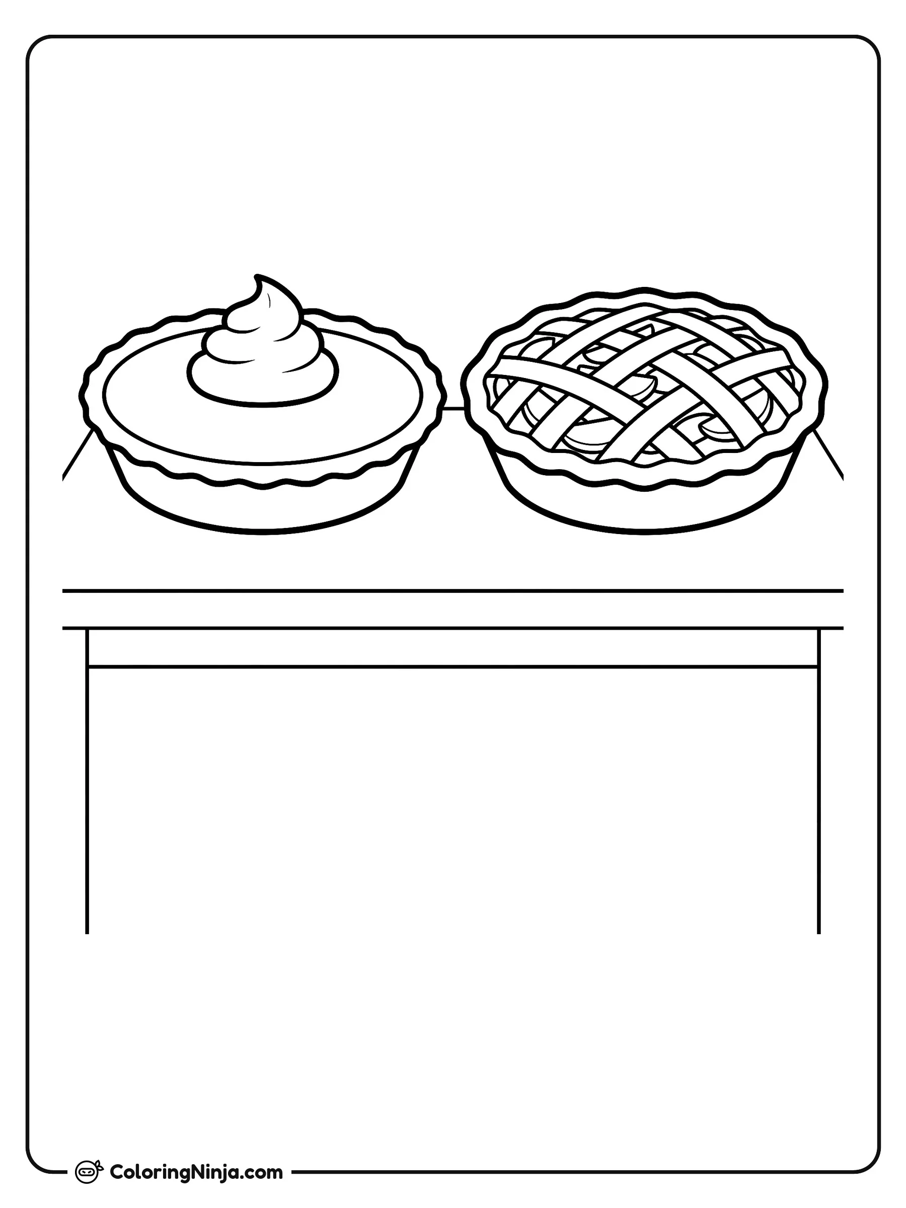 Fresh Baked Holiday Pies Coloring Page: Two whole pies rest side-by-side on a rustic table surface, displaying clear crust details and topping swirls. The clean outline layout allows for creative shading on the crusts and fruit.