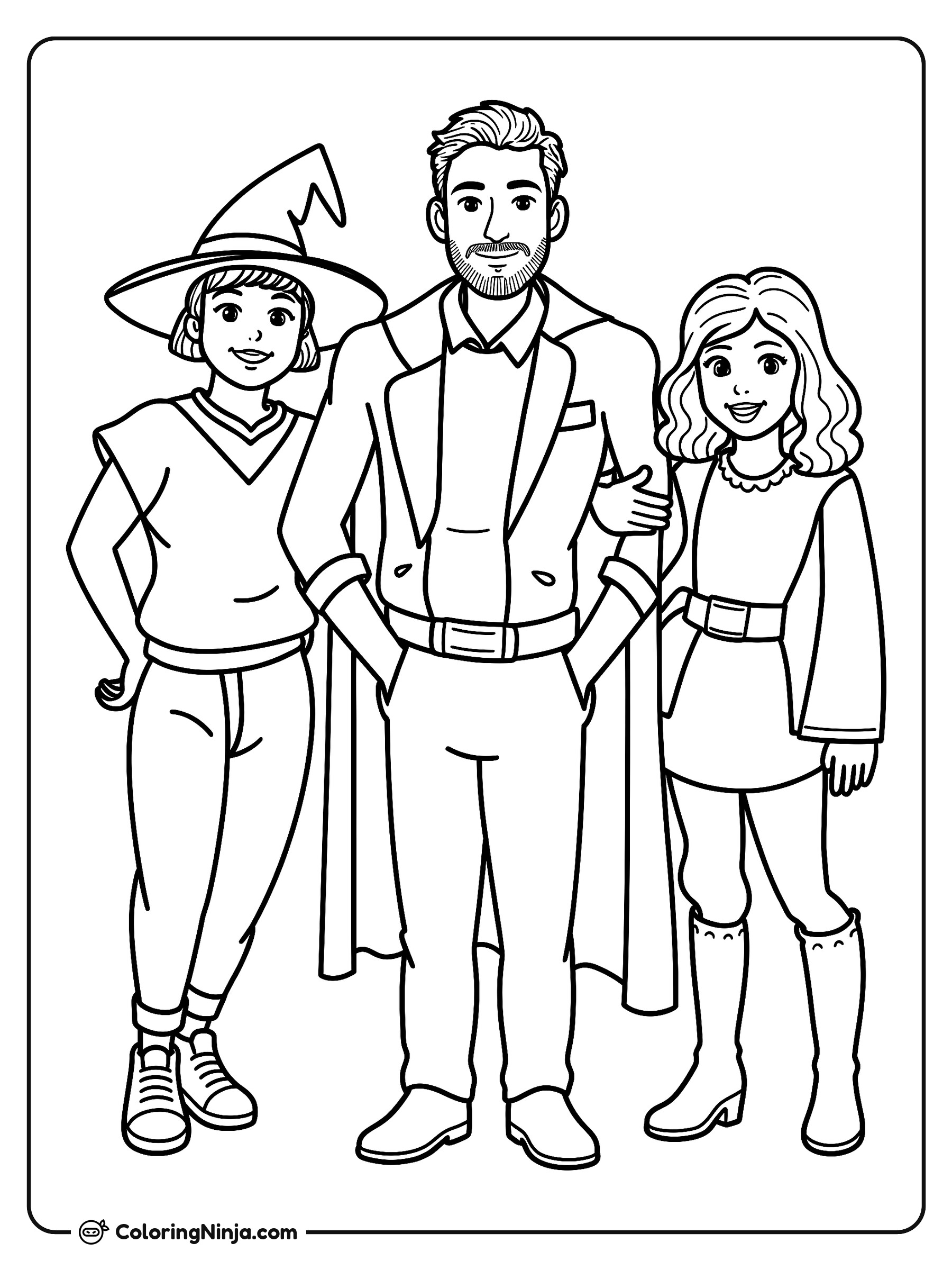 Familia con disfraces de Halloween: dibujo para colorear