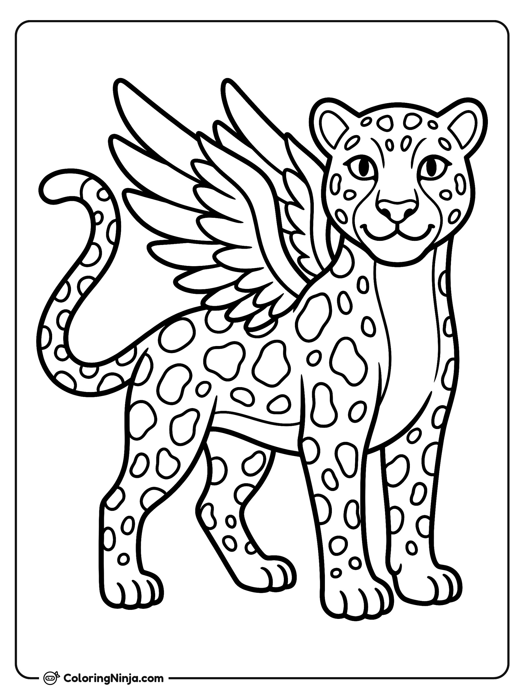 Jaguar fantástico con alas de plumas: dibujo para colorear