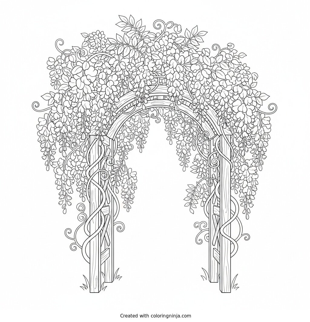 Coloring page of Wisteria Trellis – A wooden arch covered in hanging, pea-like wisteria blossoms and twisting vines.
