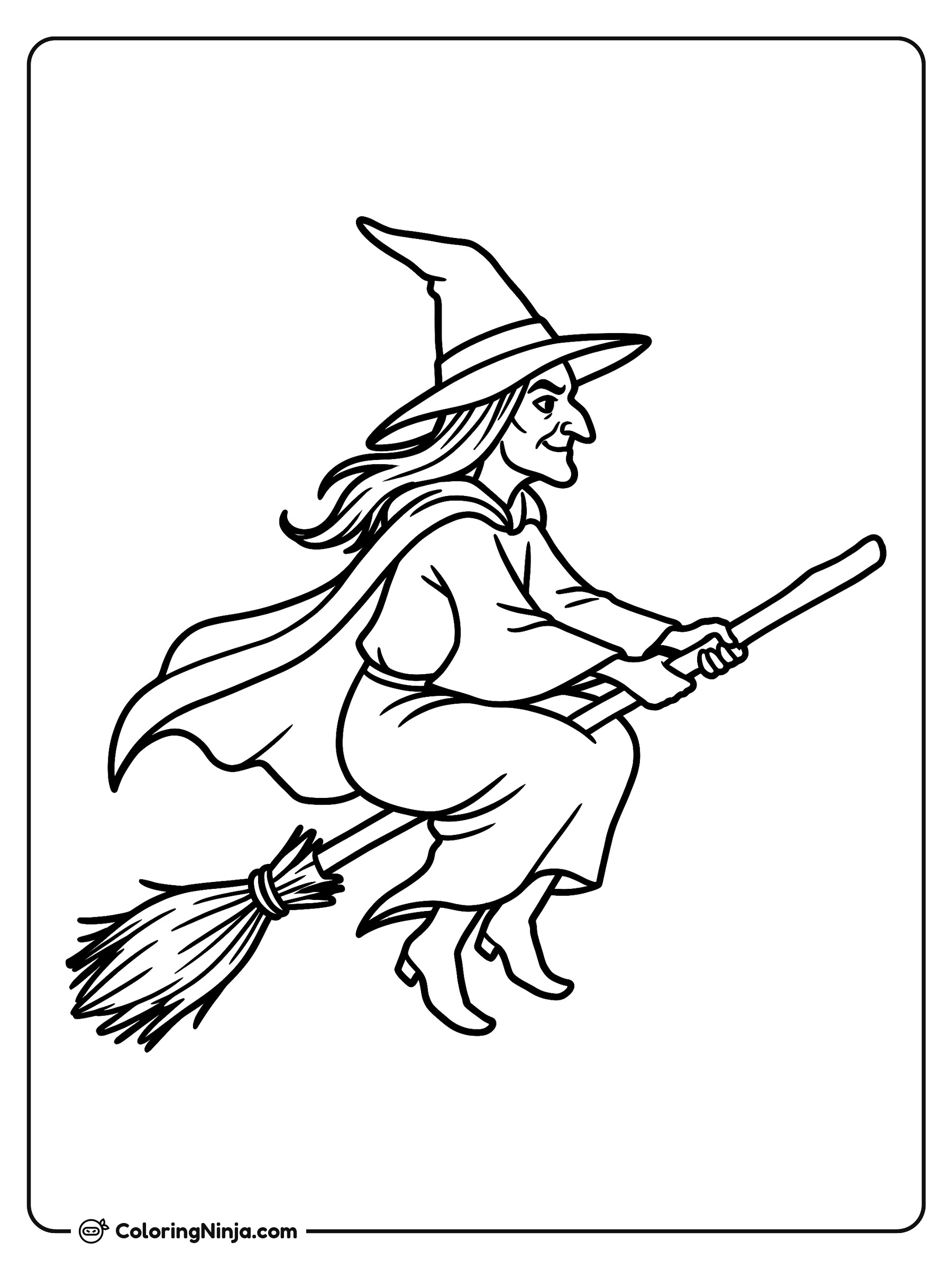 Una bruja volando en su escoba: dibujo para colorear