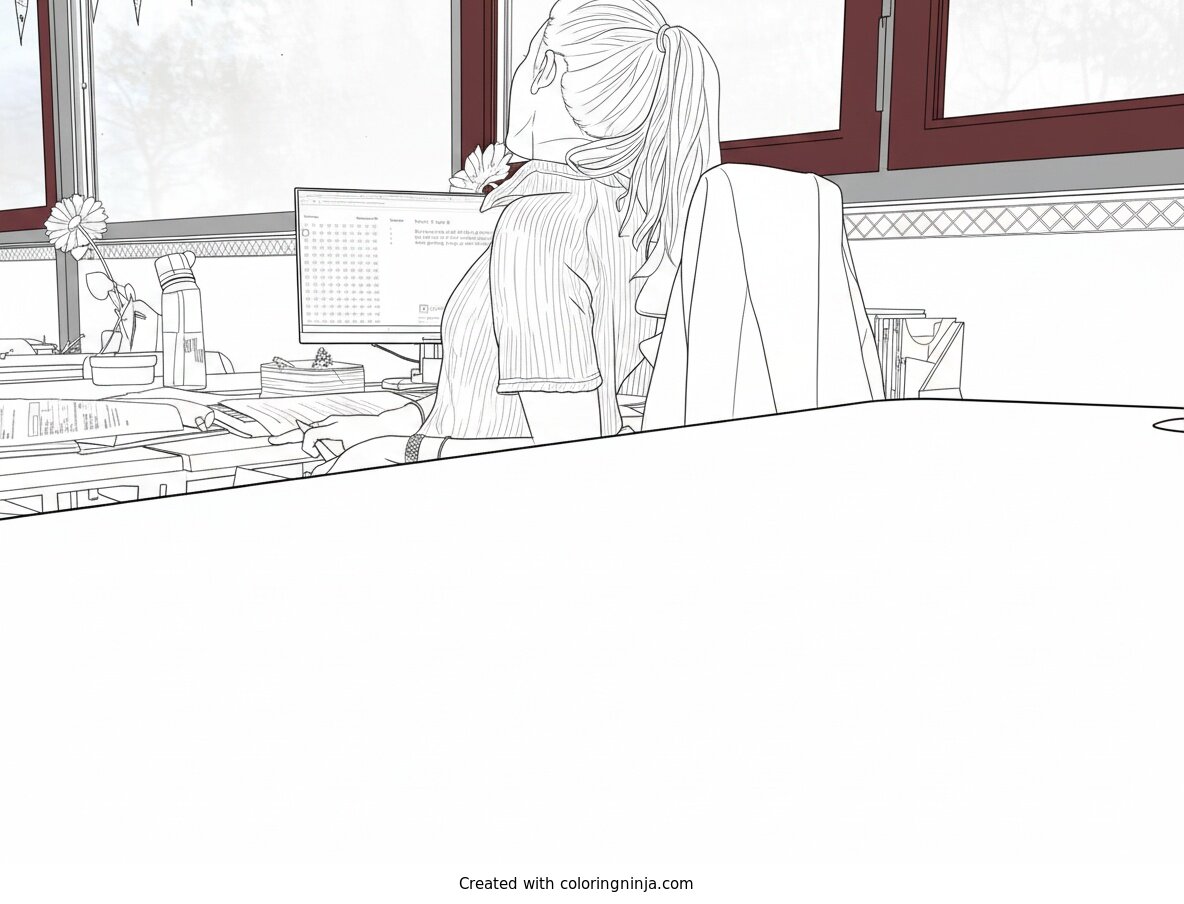 Coloring page of Woman Working at Her Desk