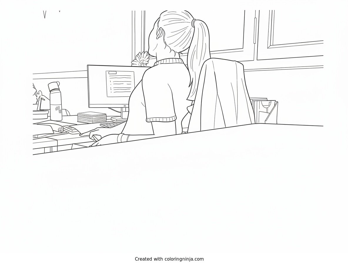 Coloring page of Woman Working at Her Desk