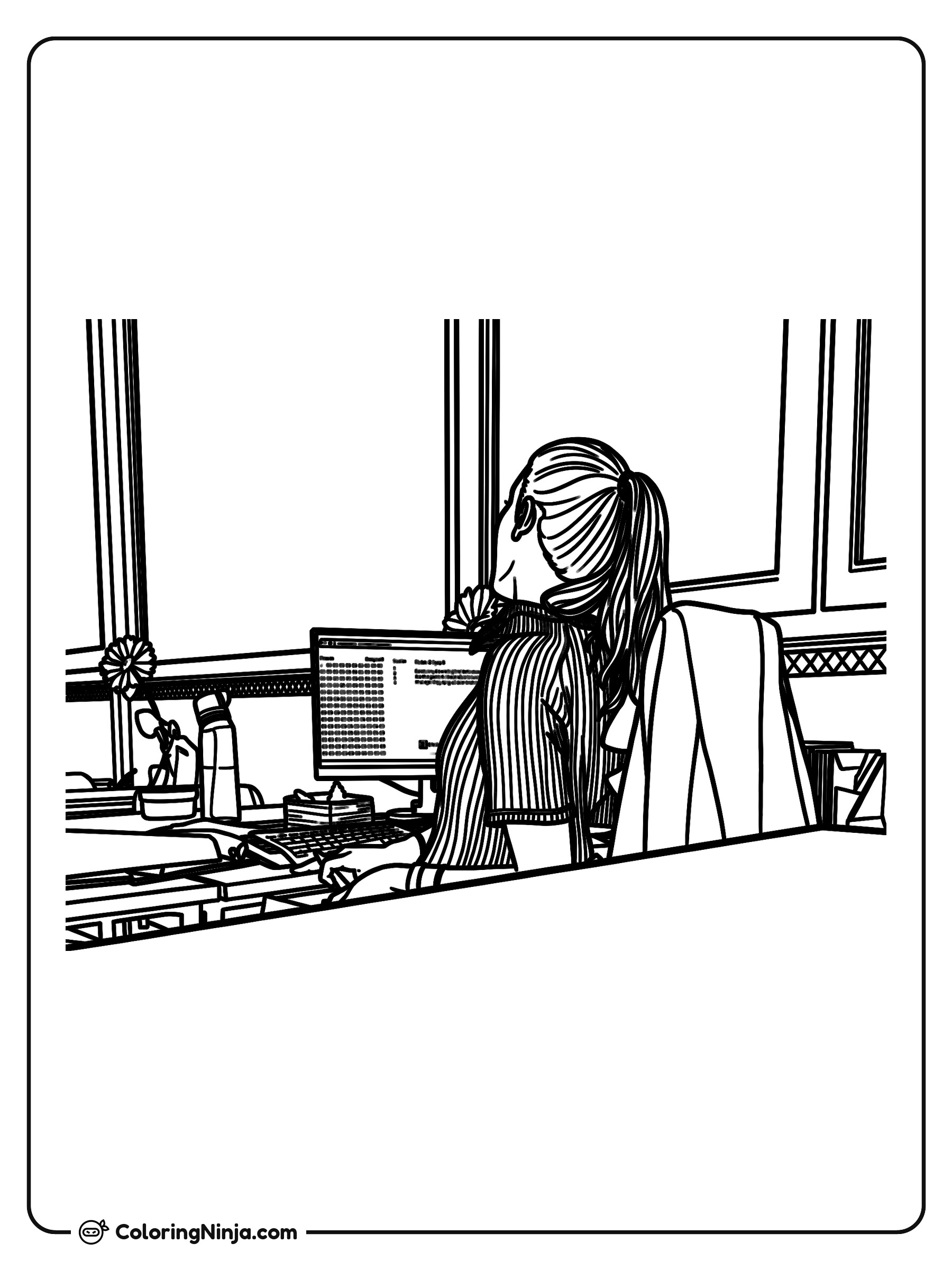 Mujer trabajando en su escritorio de oficina: dibujo para colorear
