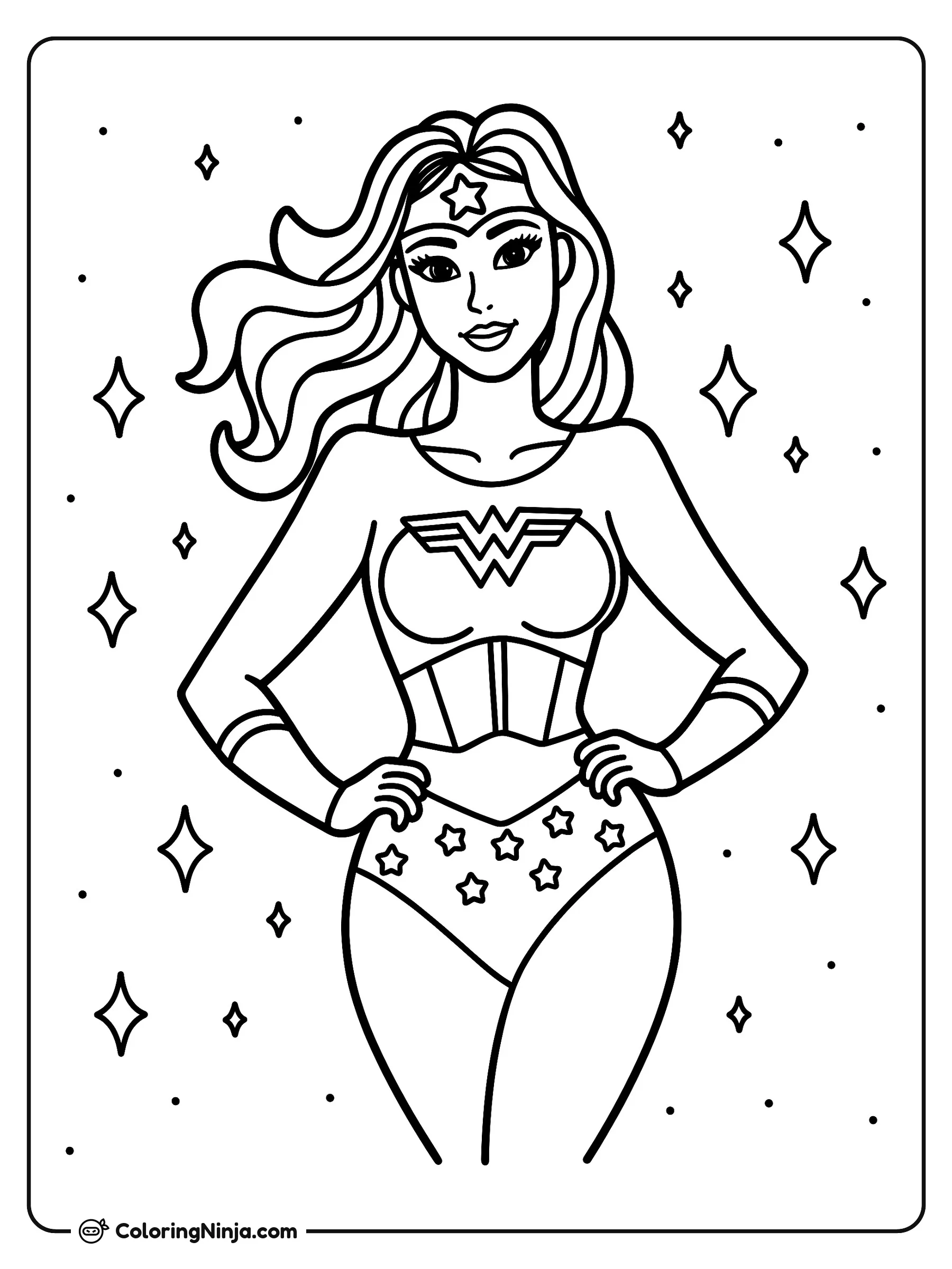 La superheroína Wonder Woman, dibujo para colorear: Wonder Woman posa con seguridad luciendo su tiara, su traje icónico con el emblema y su pantalón corto lleno de estrellas.