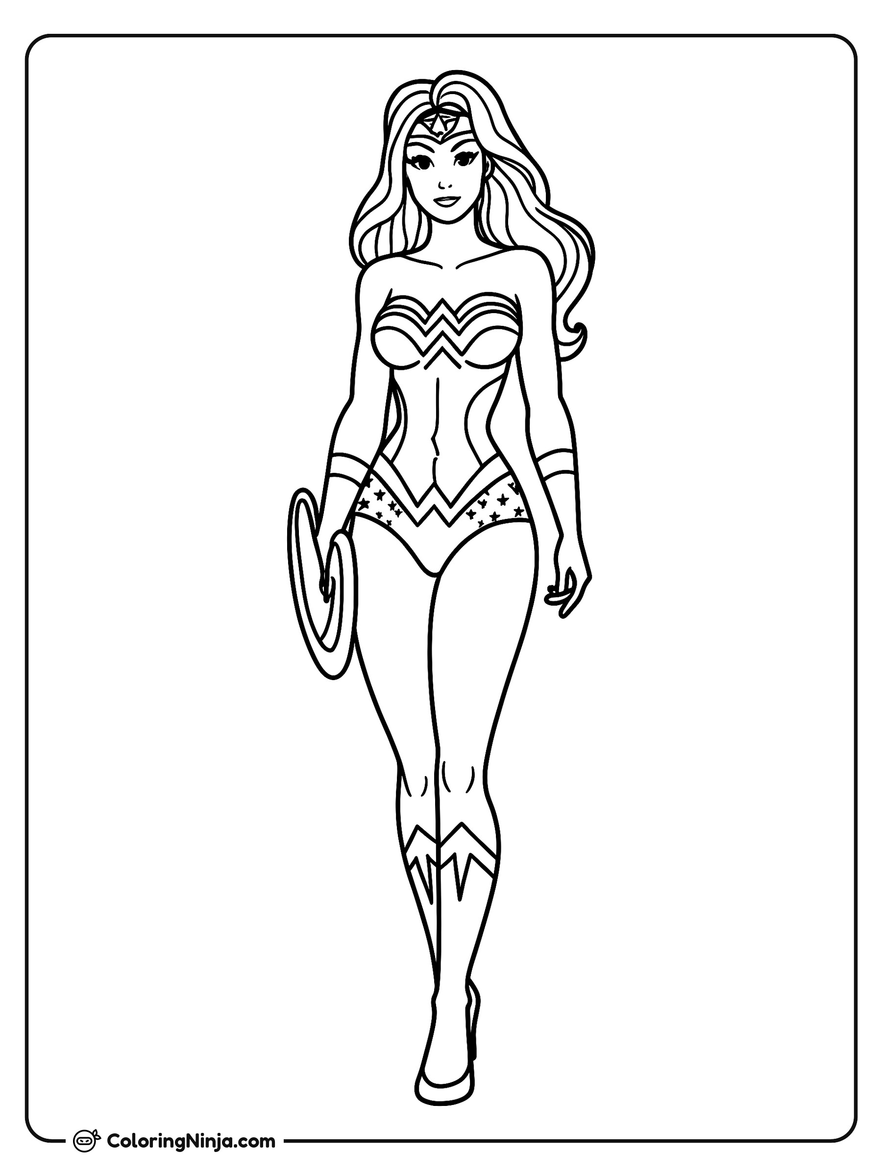 Wonder Woman de pie con escudo: dibujo para colorear