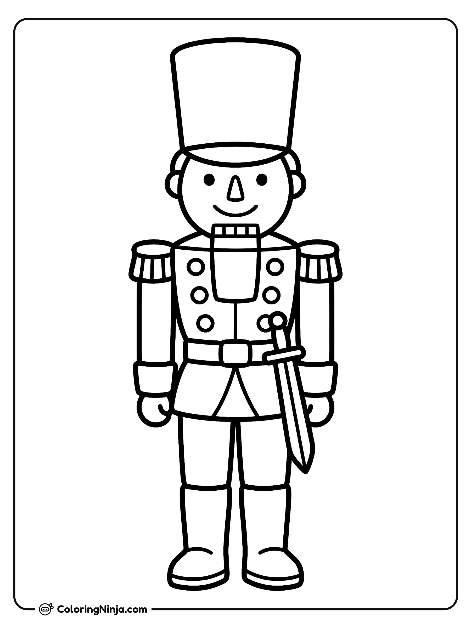 Classic Nutcracker Soldier Coloring Page: A classic wooden nutcracker stands erect on a small pedestal base, wearing a decorated jacket and tall hat. The picture features symmetrical outlines with medium geometric details.
