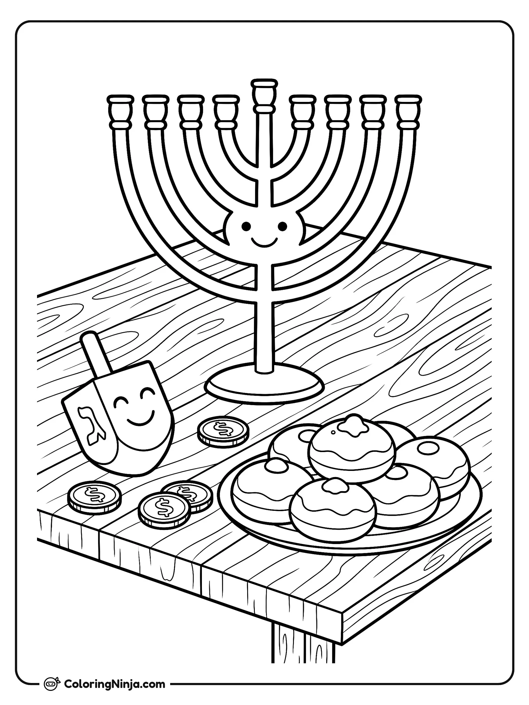 Hanukkah Holiday Table Display Coloring Page: A complete holiday spread featuring a lit menorah, a spinning dreidel, scattered gold coins, and a plate of jelly doughnuts arranged on a wooden tabletop. Best for kids aged 6 to 10.