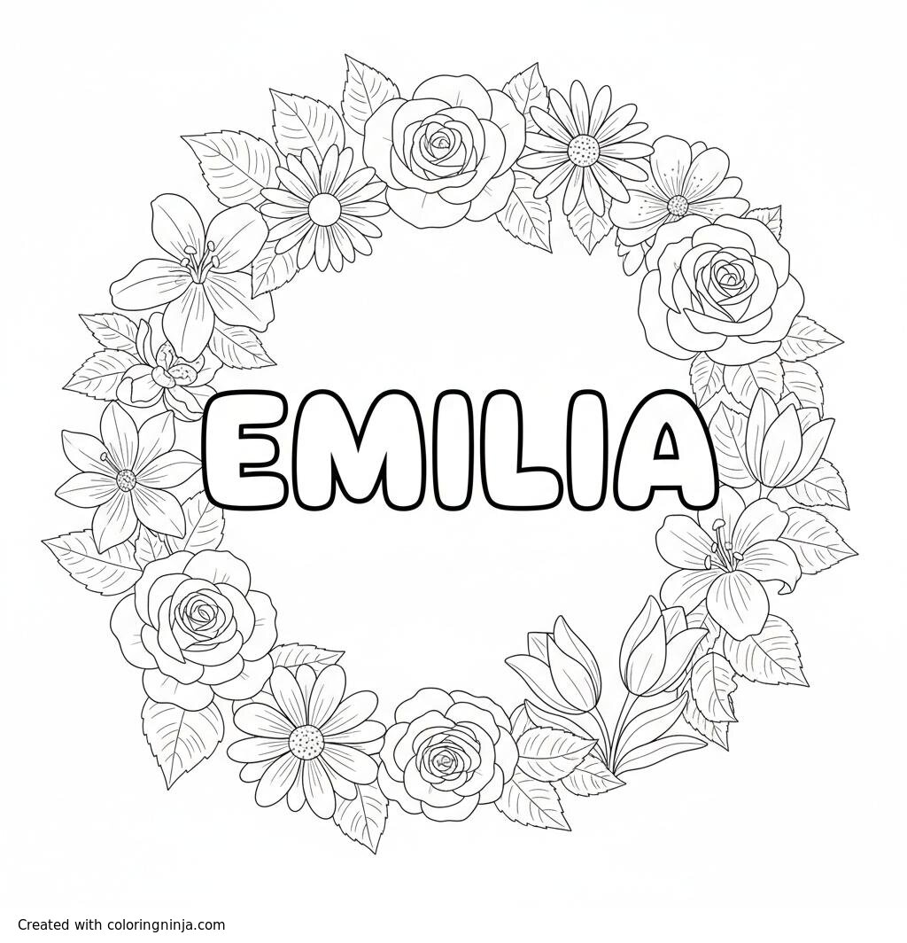 A coloring page of the word "Emilia" with realistic flowers around it