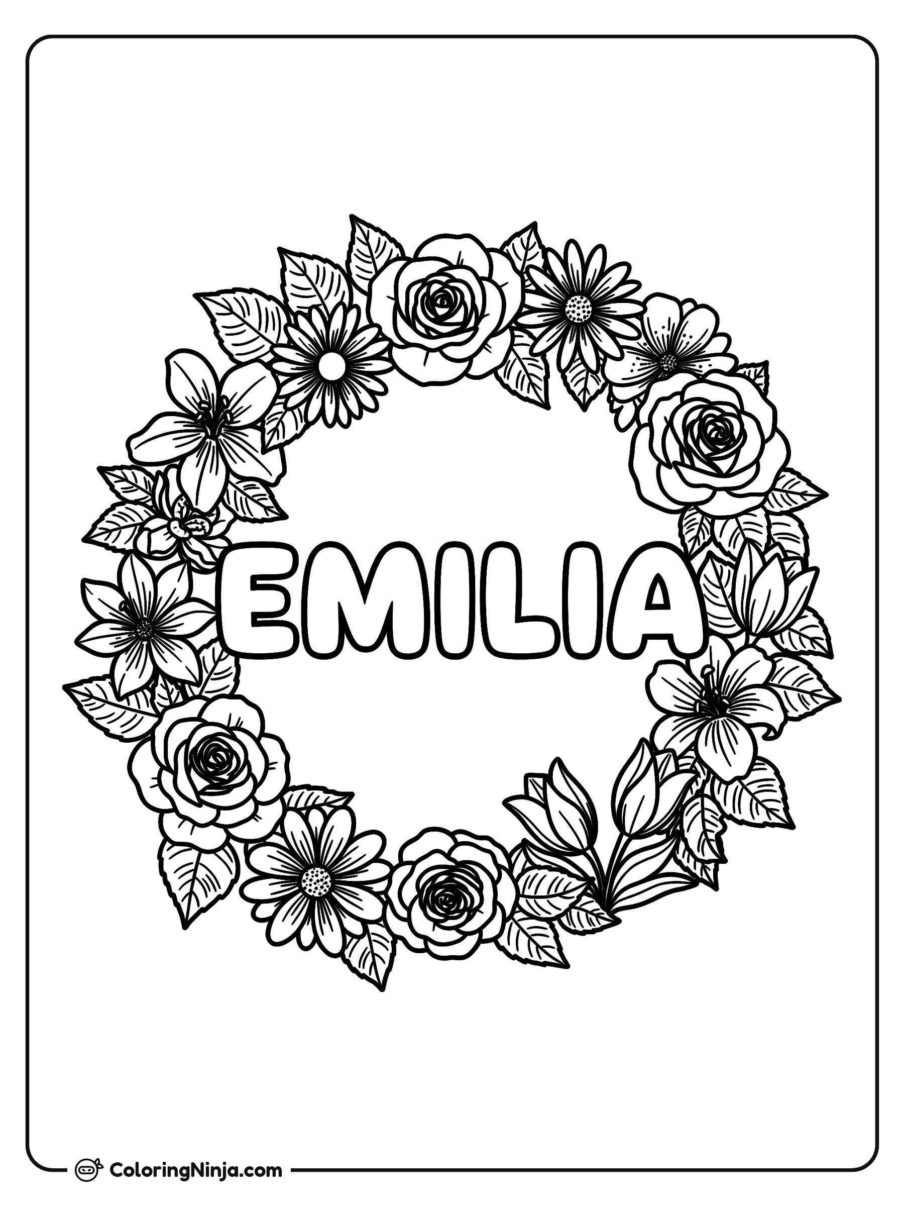 Corona floral con el nombre Emilia: dibujo para colorear