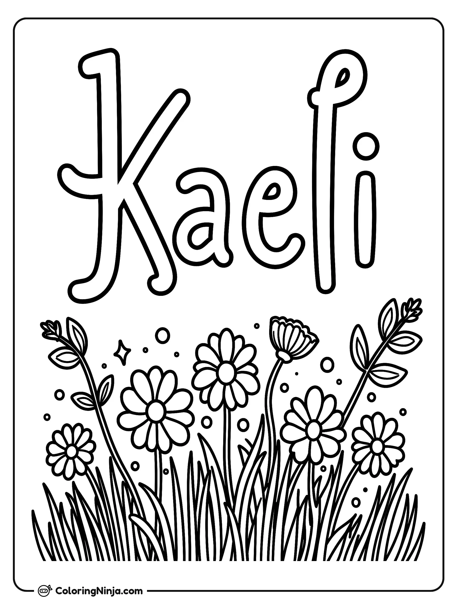 El nombre Kaeli con flores silvestres, dibujo para colorear: El nombre Kaeli se destaca en la parte superior sobre un vibrante prado lleno de flores silvestres y pasto alto.