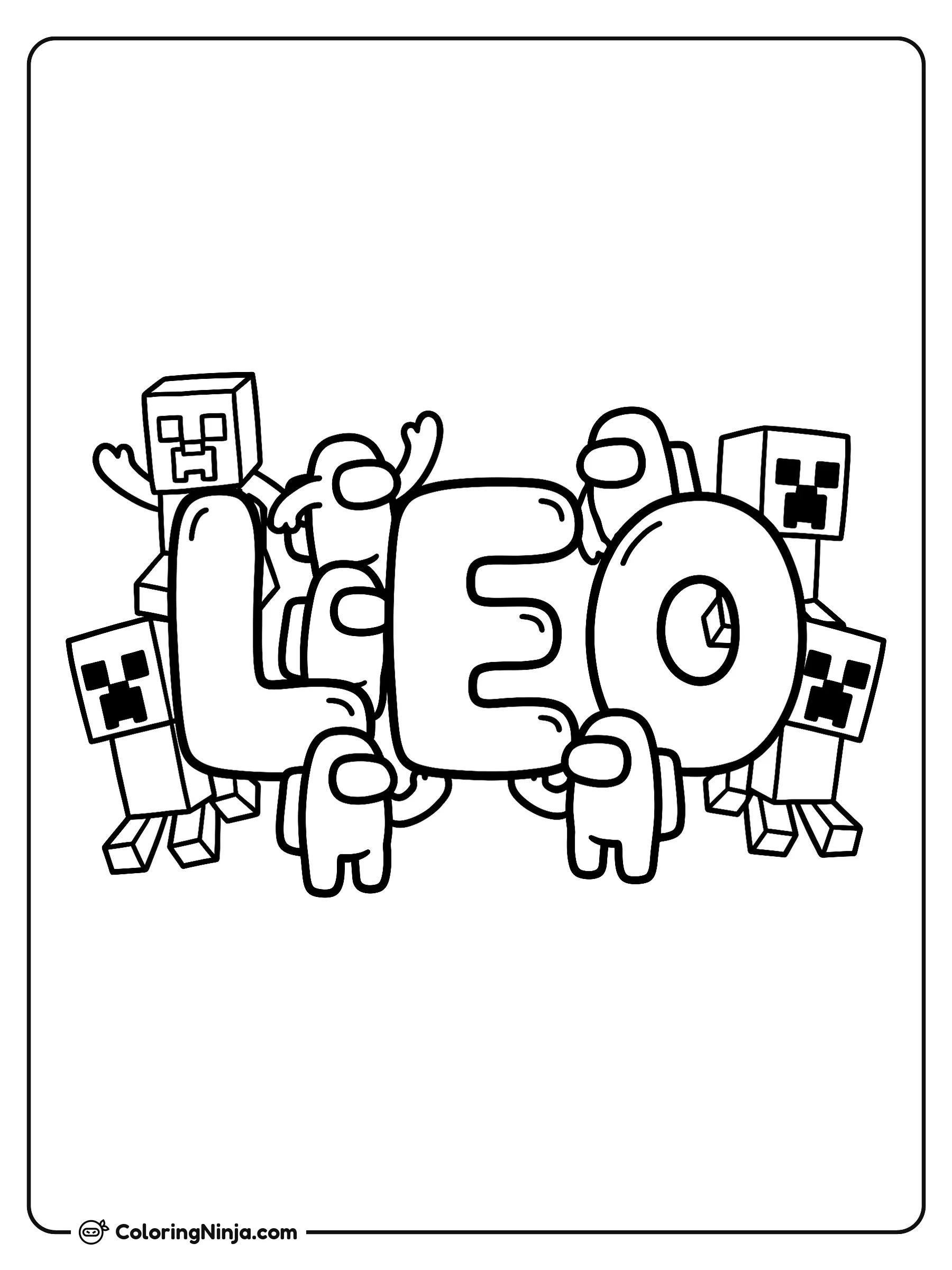 Personajes de Among Us y Creepers de Minecraft, dibujo para colorear: Los tripulantes de Among Us y varios Creepers de Minecraft se reúnen amigablemente alrededor de grandes letras que forman el nombre LEO.