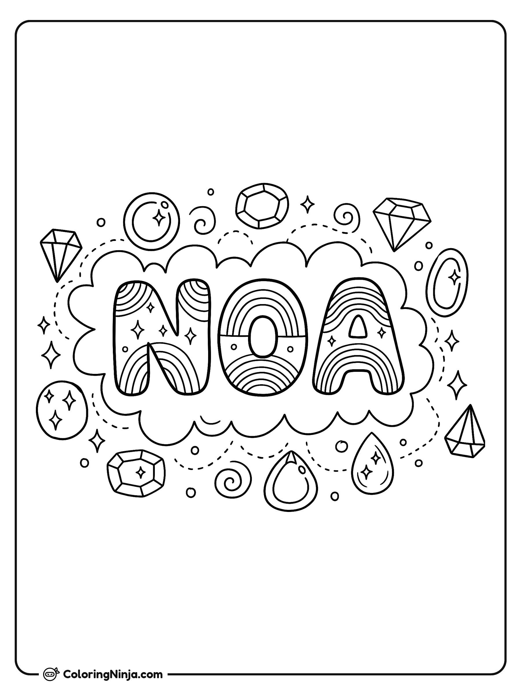 El nombre Noa entre gemas brillantes: dibujo para colorear
