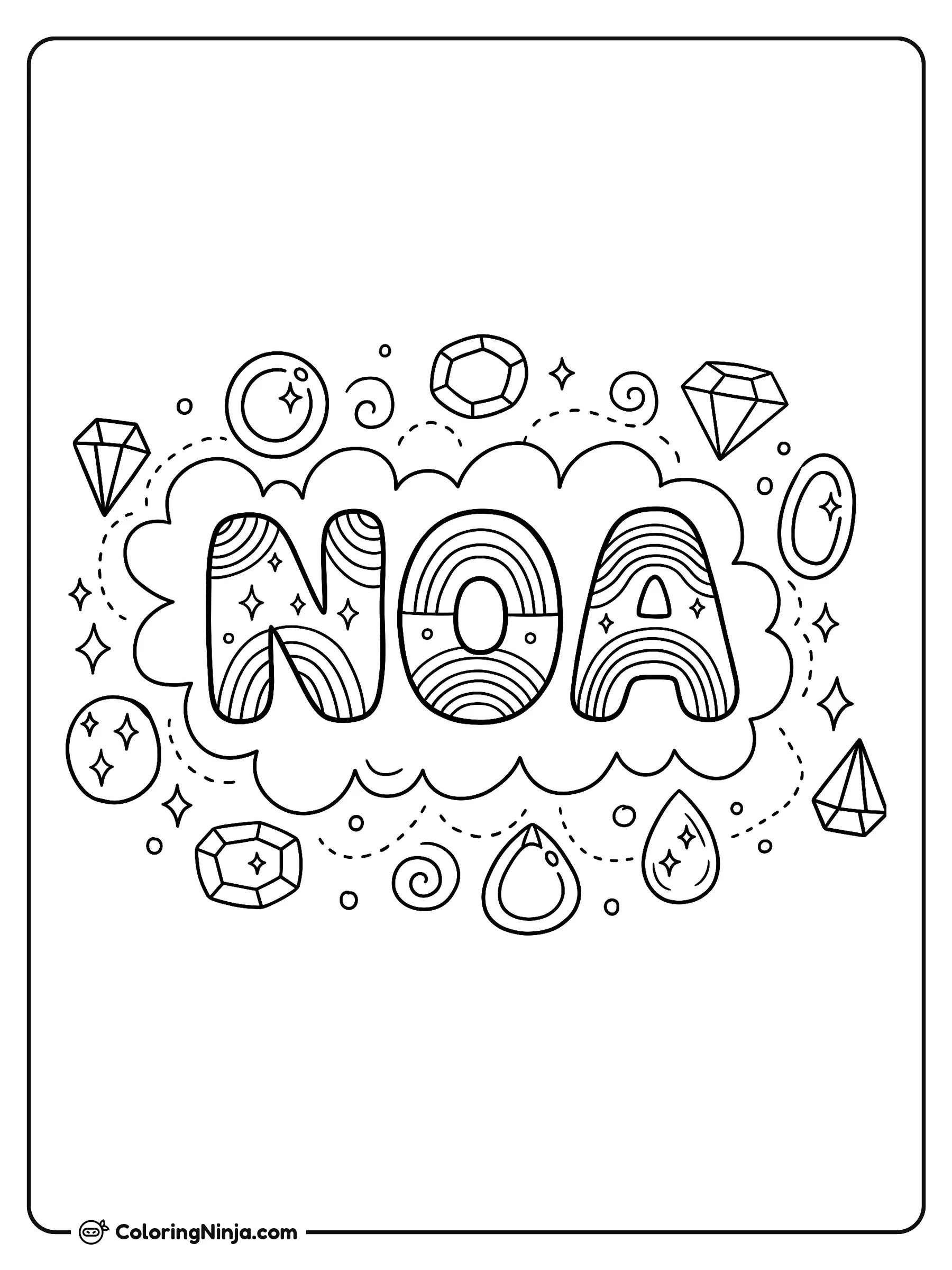 El nombre Noa entre gemas brillantes, dibujo para colorear: El nombre Noa aparece dentro de un marco con forma de nube, rodeado de gemas, diamantes y pequeñas estrellas brillantes.