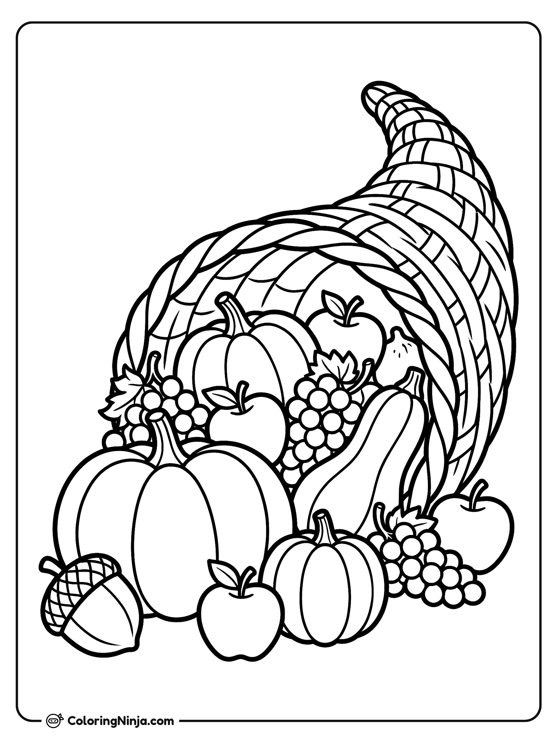Cesta de cornucopia abundante y llena: dibujo para colorear