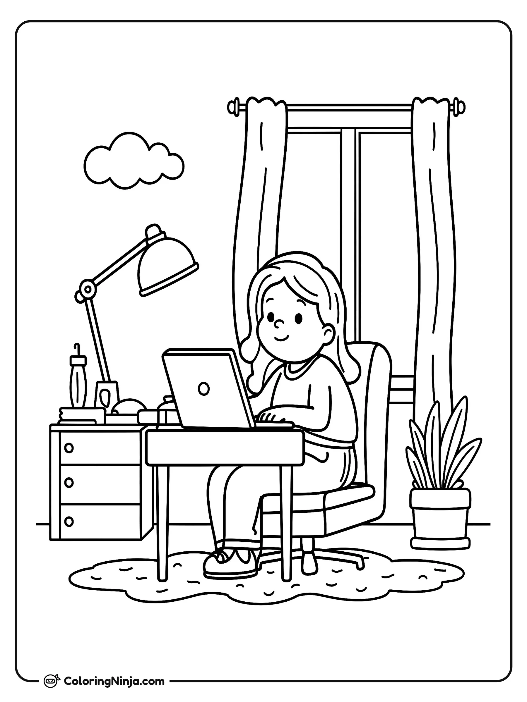 Niña estudiando en su escritorio, dibujo para colorear: Una joven se encuentra cómoda en su silla mientras aprende en su escritorio con una computadora portátil abierta.