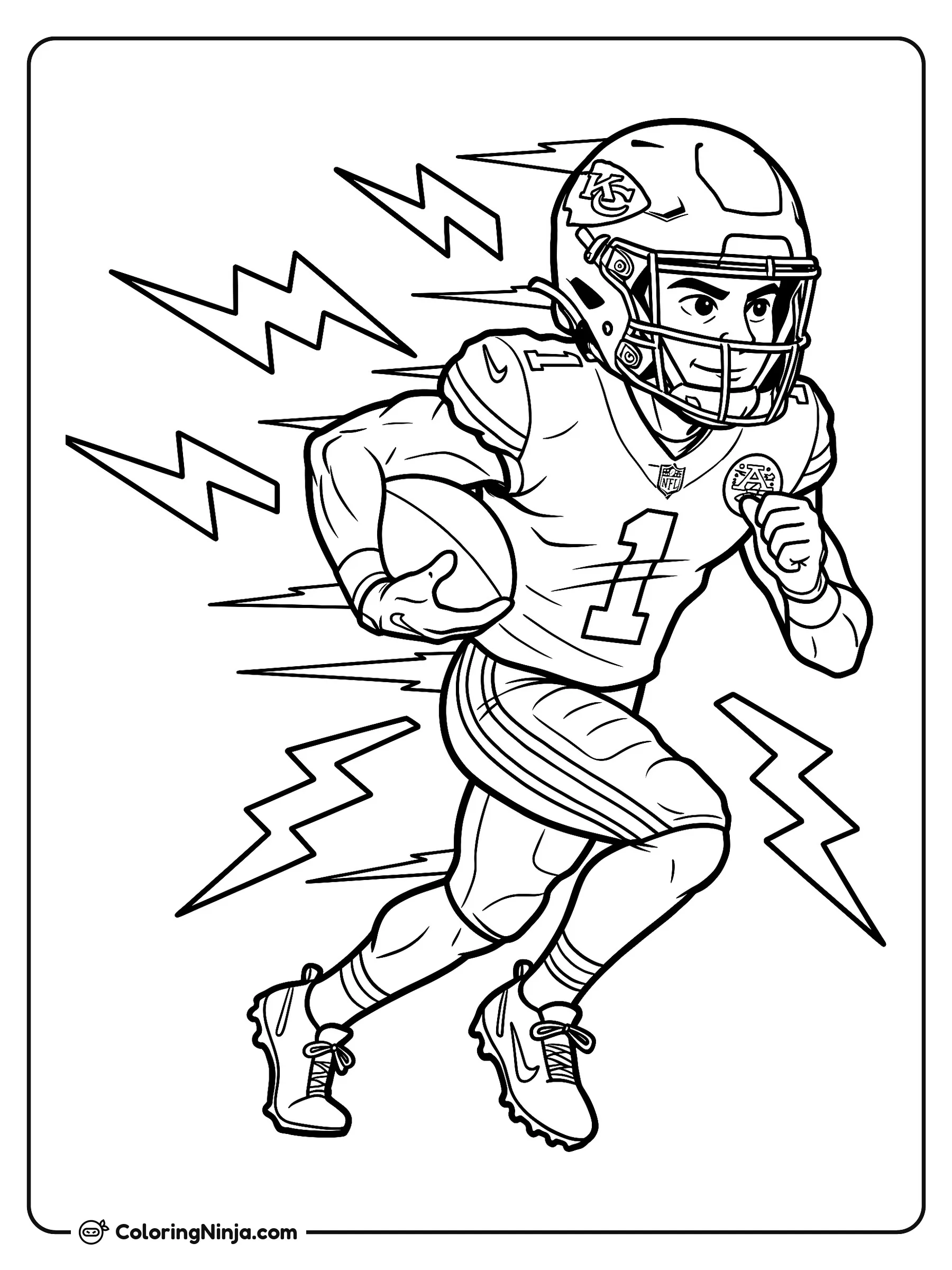 Carrera relámpago de Xavier Worthy, dibujo para colorear: Xavier Worthy avanza a toda velocidad sosteniendo un balón de fútbol americano con firmeza.