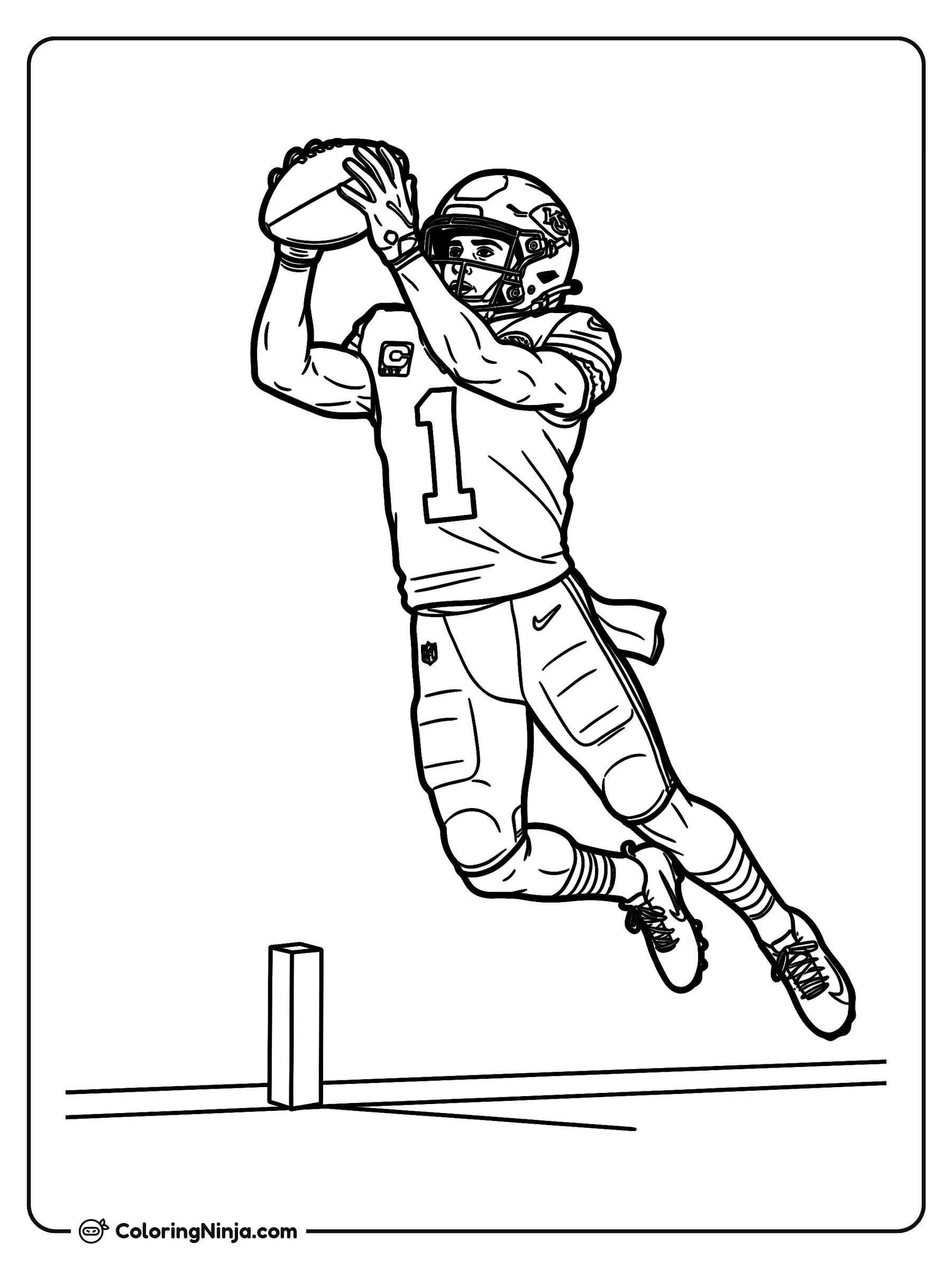 Salto de touchdown de Xavier Worthy, dibujo para colorear: El jugador de fútbol americano Xavier Worthy salta por los aires para atrapar un balón sobre el pilón de la zona de anotación.