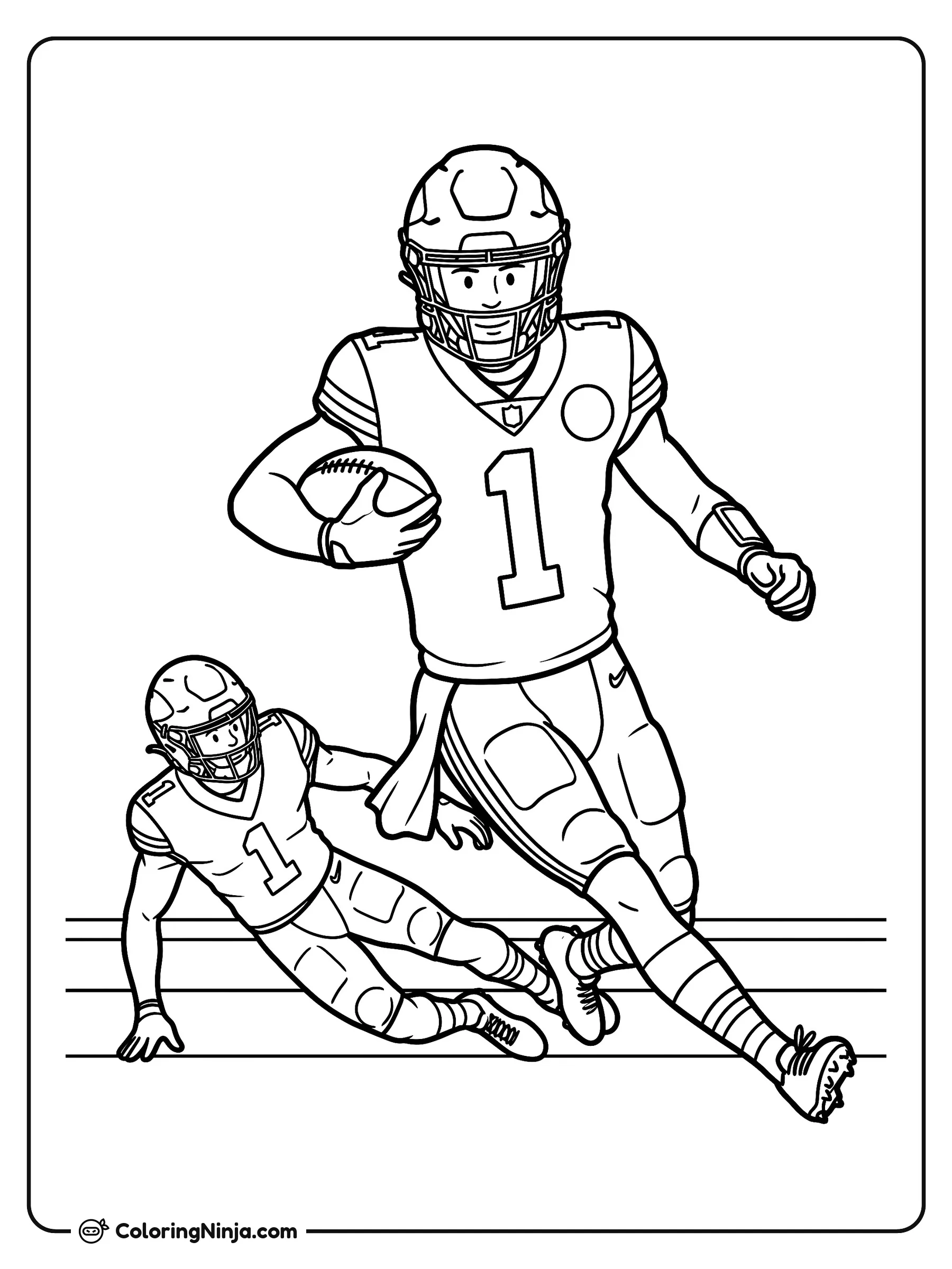 Xavier Worthy esquivando a un defensor, dibujo para colorear: El jugador de fútbol americano Xavier Worthy avanza a toda velocidad por el campo sujetando el balón con firmeza bajo el brazo.