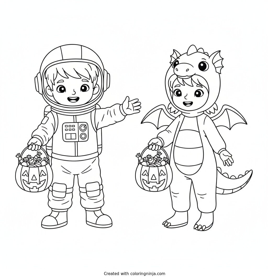 Trick or Treat Costume Friends Coloring Page